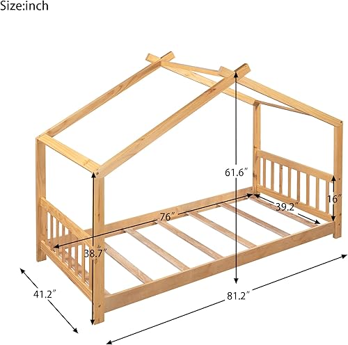 Miniatura 2 de Merax Cama de madera de tamaño individual con techo y ventana, gris + natural