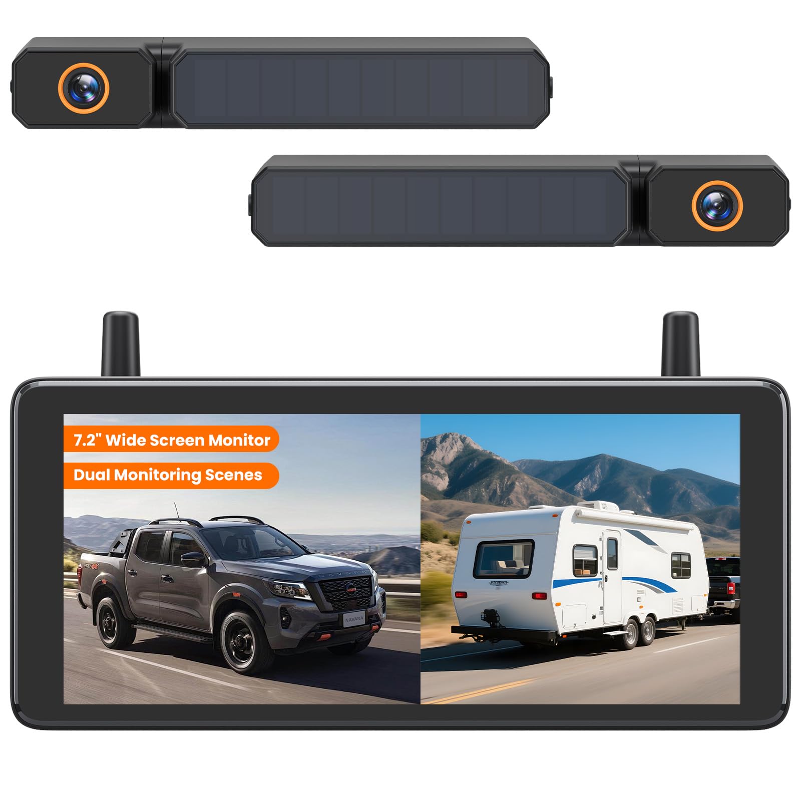 AUTO-VOX Solar Wireless Backup Camera with 2 Cams: 2 Min DIY Installation, Unique 7.2'' 1080P HD DVR Wide Monitor Support 2 Split Screen,IP69K Waterproof Back up Camera for Car, Truck, Trailer