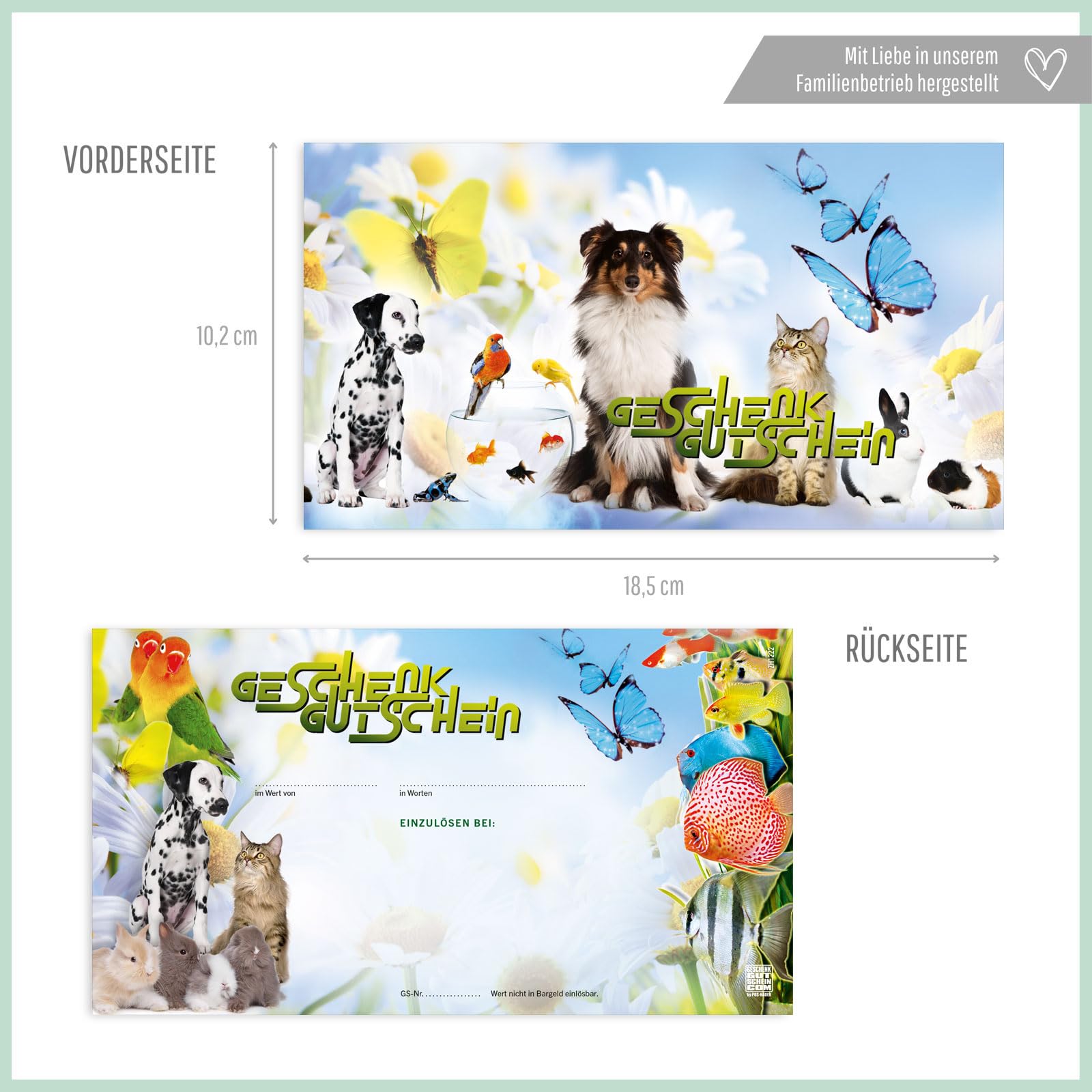 GESCHENKGUTSCHEINcom Gutschein-Set - 50 Gutscheine mit Umschlag & Schleife für Tierbedarf Zoohandlung Tierärzte, blanko zum selber Ausfüllen