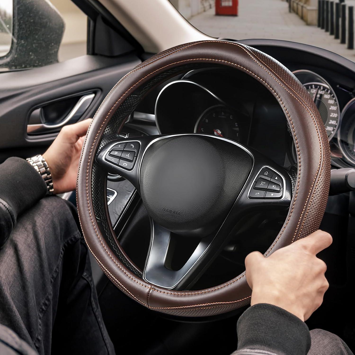 High-Grade Brown Genuine Leather Steering Wheel Cover for Men Women?Real Cowhide Leather Steering Wheel Cover for Cars,Universal 14.5-15 inch Steering Wheels Brown Leather[14.5"-15"]