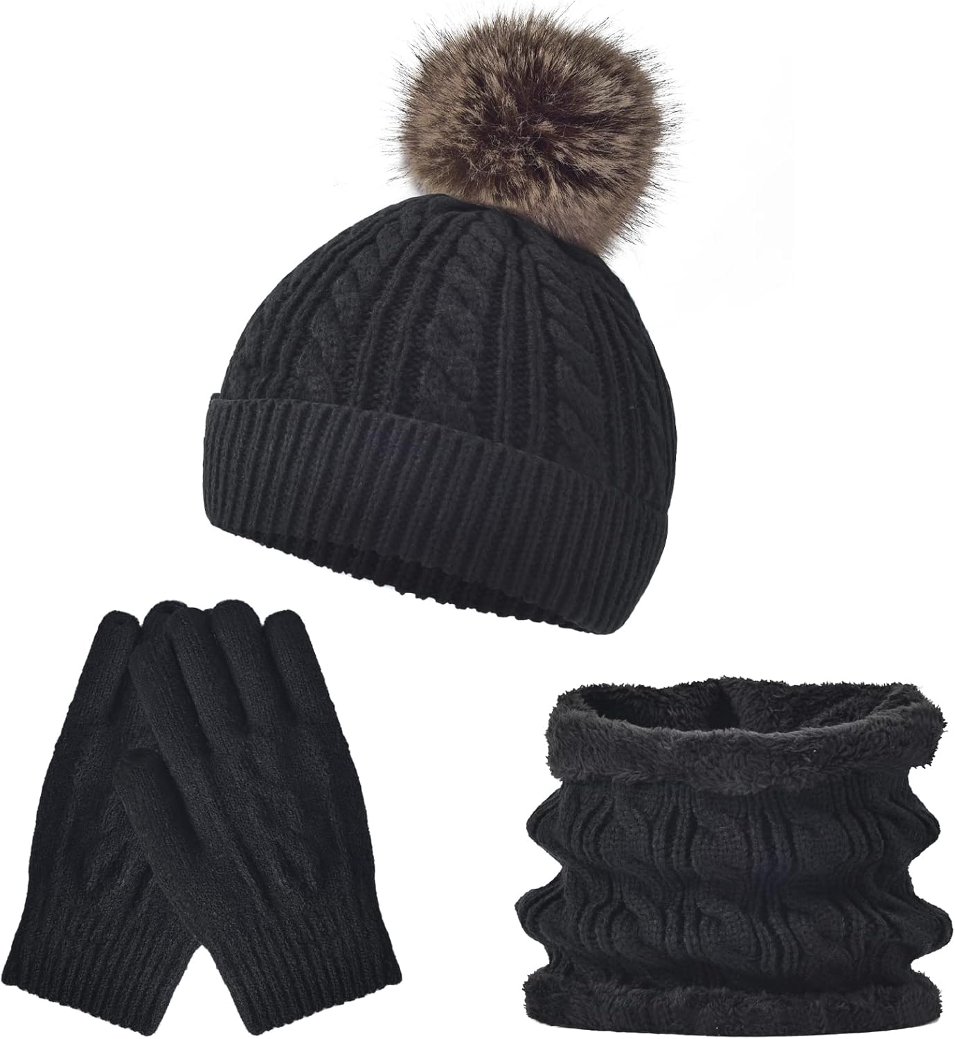 Kids Winter Hat Scarf Gloves Set - Thermal Fleece Lined Beanie with Pompoms, Soft Mittens & Neck Warmer for Boys Girls 1-12