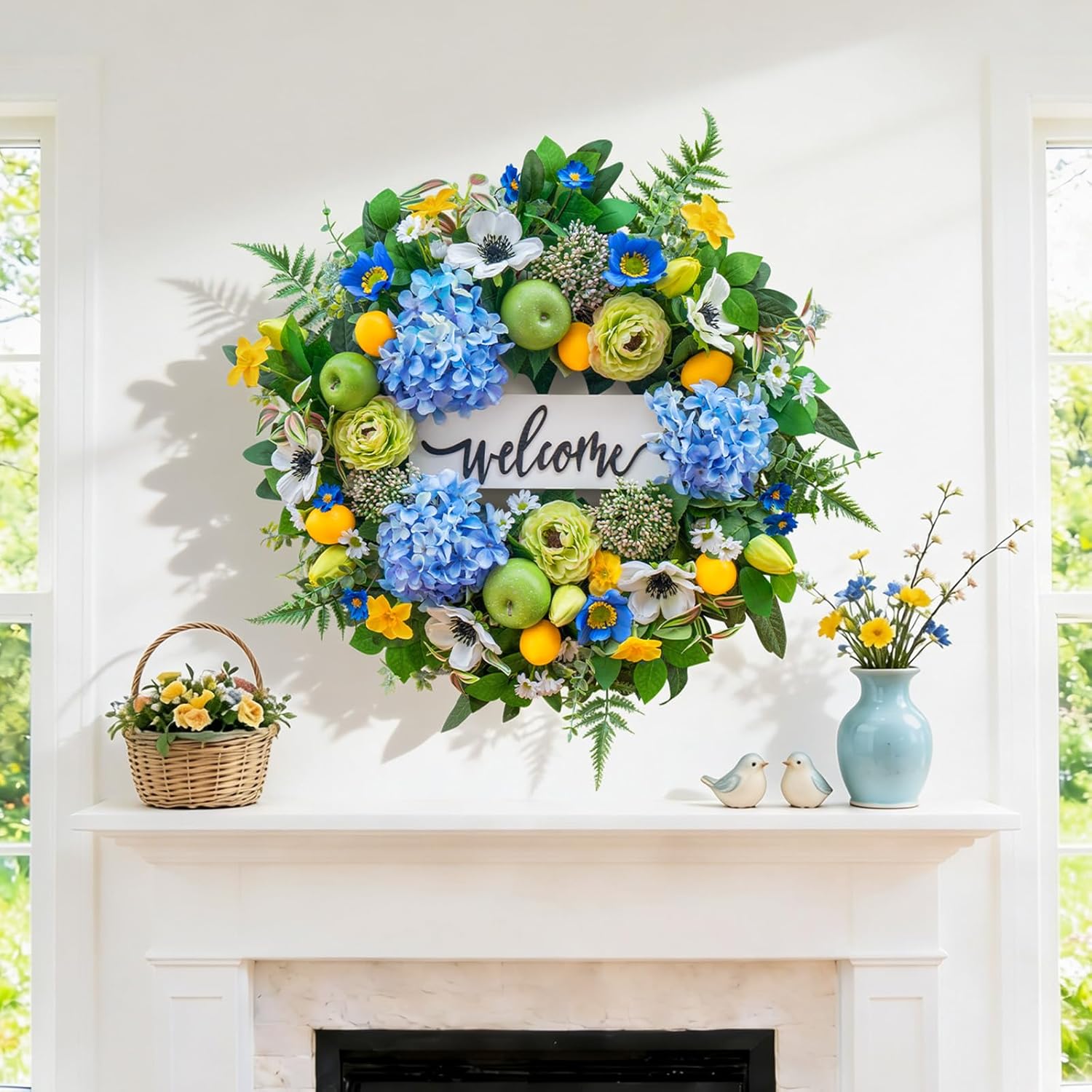 Spring Wreath for Front Door, Blue Spring and Summer Wreath with Hydrangea, Apple & Lemon, Peony Flowers and Greenery, Spring Door Wreath for Indoor Outdoor Decor