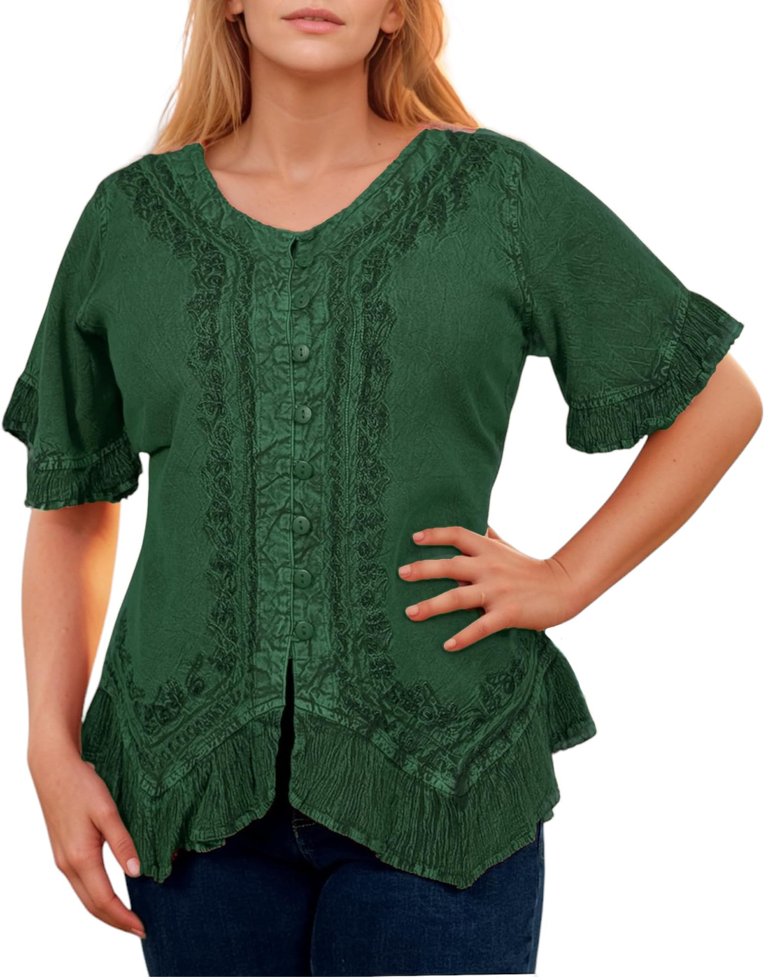 Boho Medieval Button Down Asymmetrical Hem Embroidered Tops for Women - Short Sleeve Women's Blouses Shirts