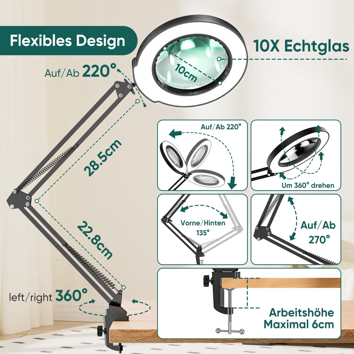 TYEE 10 lupas con luz y pinza, lupa iluminada de cristal auténtico con 5 modos de color y intensidad regulable sin niveles, lámpara de escritorio de control táctil para aficiones, manualidades