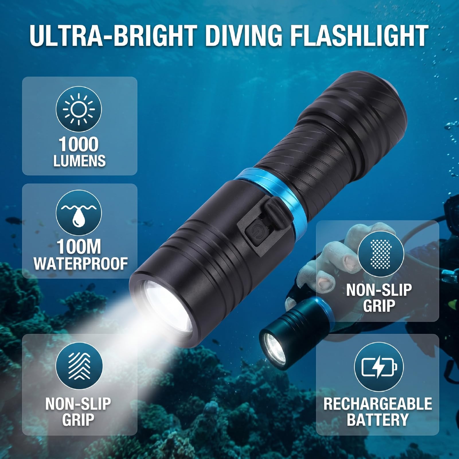 Torcia Subacquea Professionale, Luce Subacquea Ricaricabile Super Luminosa da 1000 Lm, Impermeabile Fino a 100 Metri per Immersioni Notturne e Snorkeling