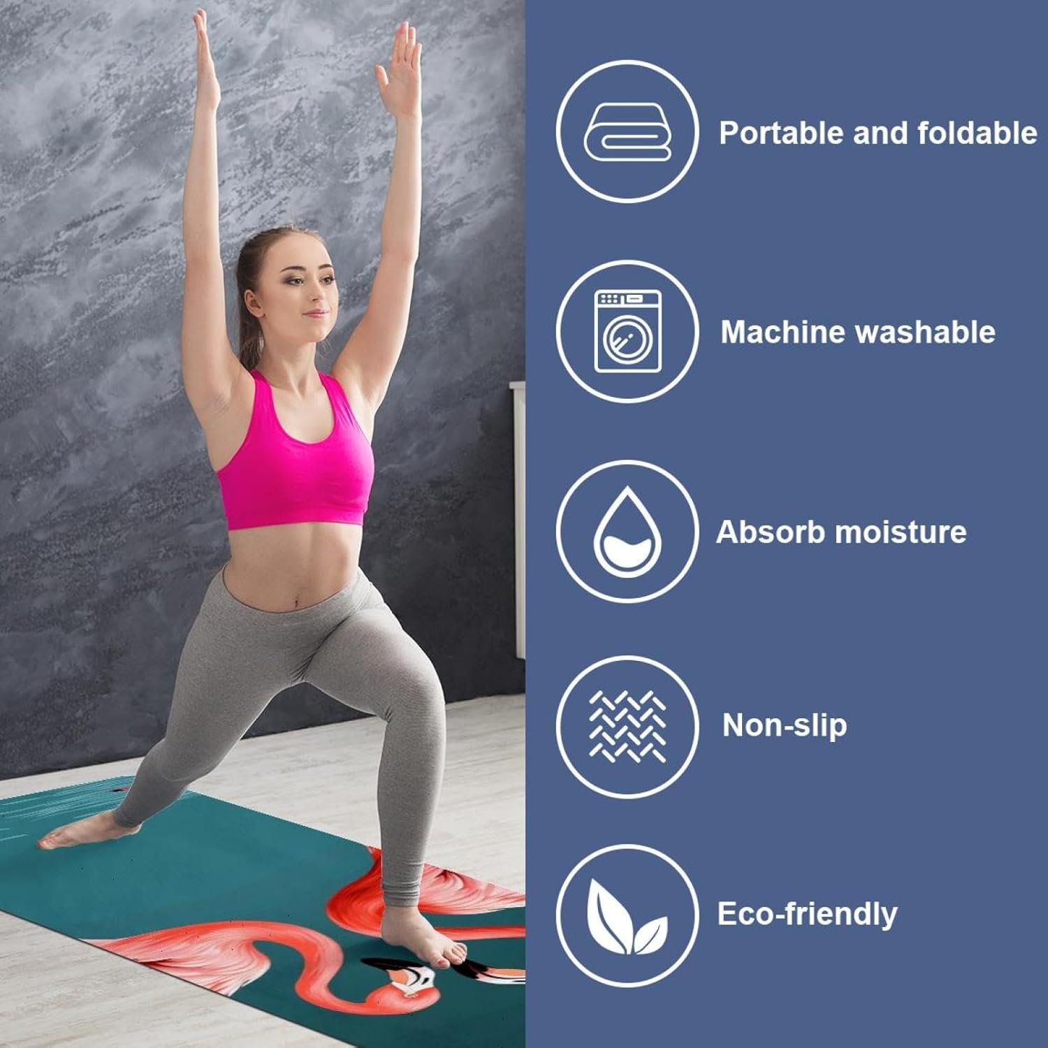 Yoga Towel, Tropical Flamingo Pattern Non Slip Sweat Absorbent Hot Yoga Mat Towel for Hot Yoga, Pilates and Fitness - 72.8" x 26.8"