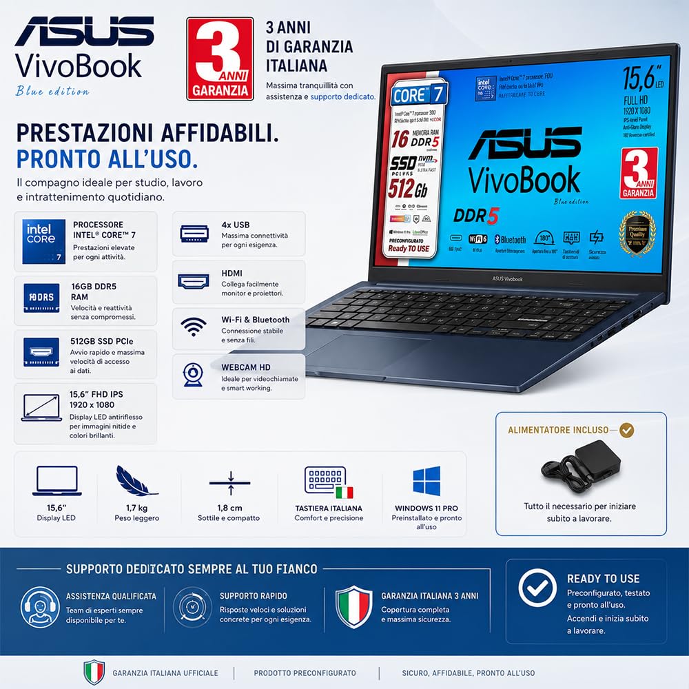 ASUS Computer portatile, Intel i7, SSD pci 512 Gb, 15,6" Ips FHD Ready to Use