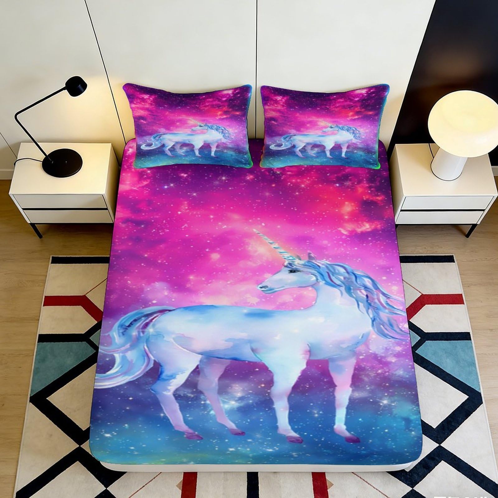3D Printed Unicorn Galaxy Fitted Sheet Microfiber Soft Slip-Resistant Cosmic Nebula Mattress Cover Bedroom Decor 90x200x25cm