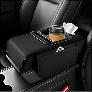 4 in 1 Center Console Cover, Car Armrest Cushion Pad with Pockets, Cup Holder, Phone Holder, Tissue Box, Multifunctional Arm Rest Cover with Charging Cable for Most Vehicles (Black)