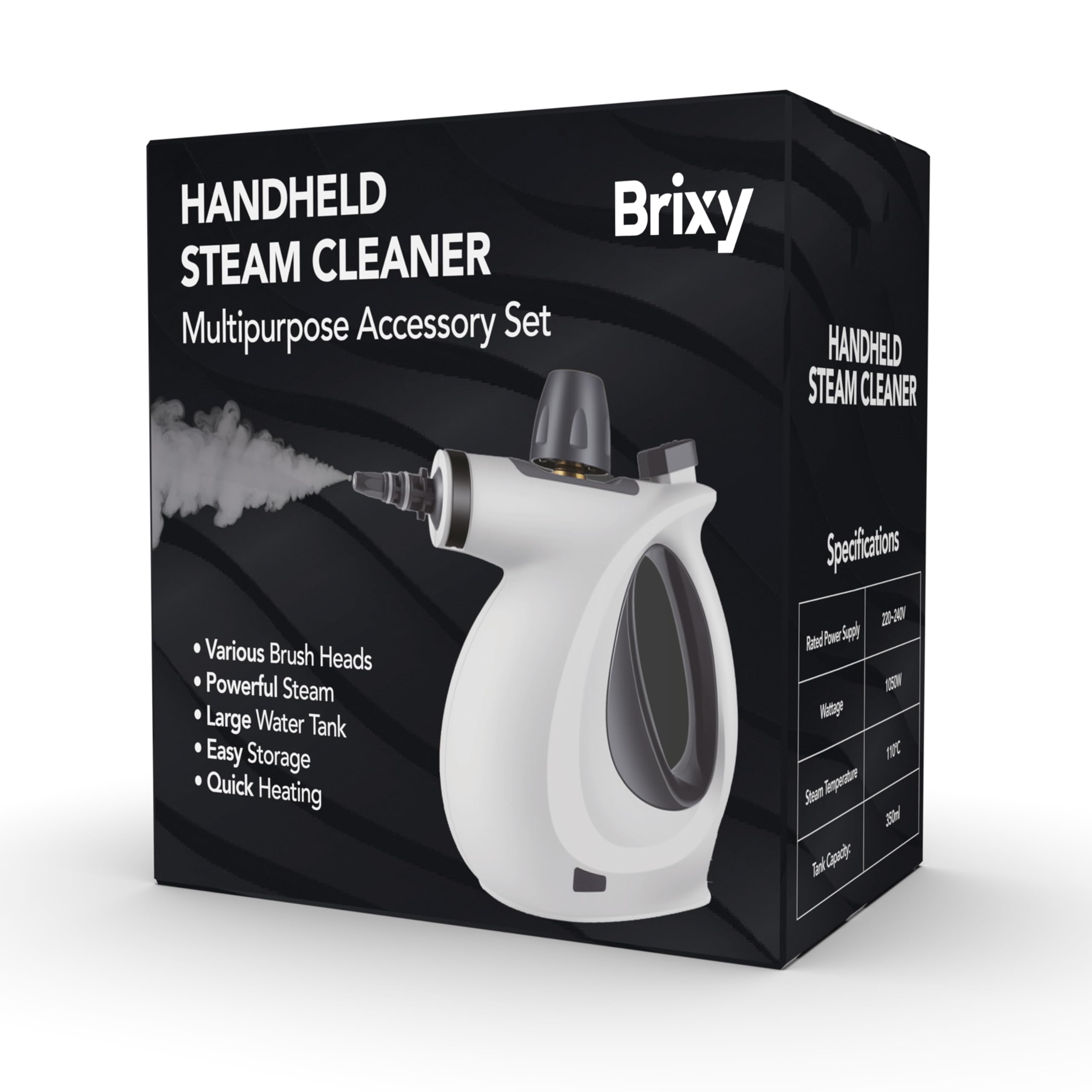 Brixy Leistungsstarker Handdampfreiniger 1050W für vielseitige Tiefenreinigung, inkl. 9-teiligem Zubehör, Weiß/Schwarz