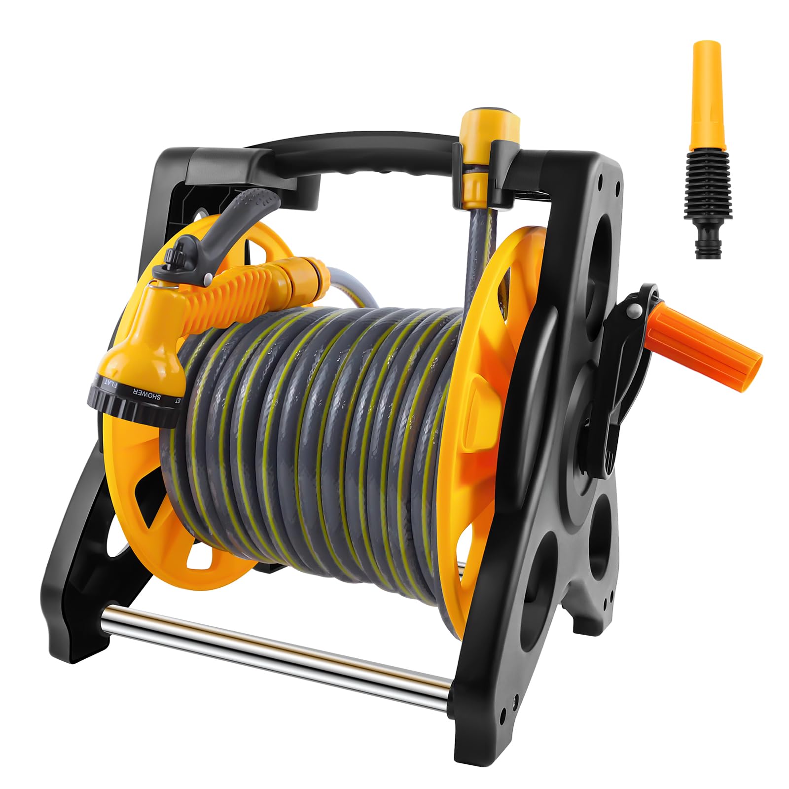 Hose Reel, 15M Portable Garden Hose Reel, with 7-in-1 Adjustable Spray Nozzle, Outdoor Flexible Hoses Reels Set Garden Accessories for Deck, Patios and Balconies, Household Cleaning