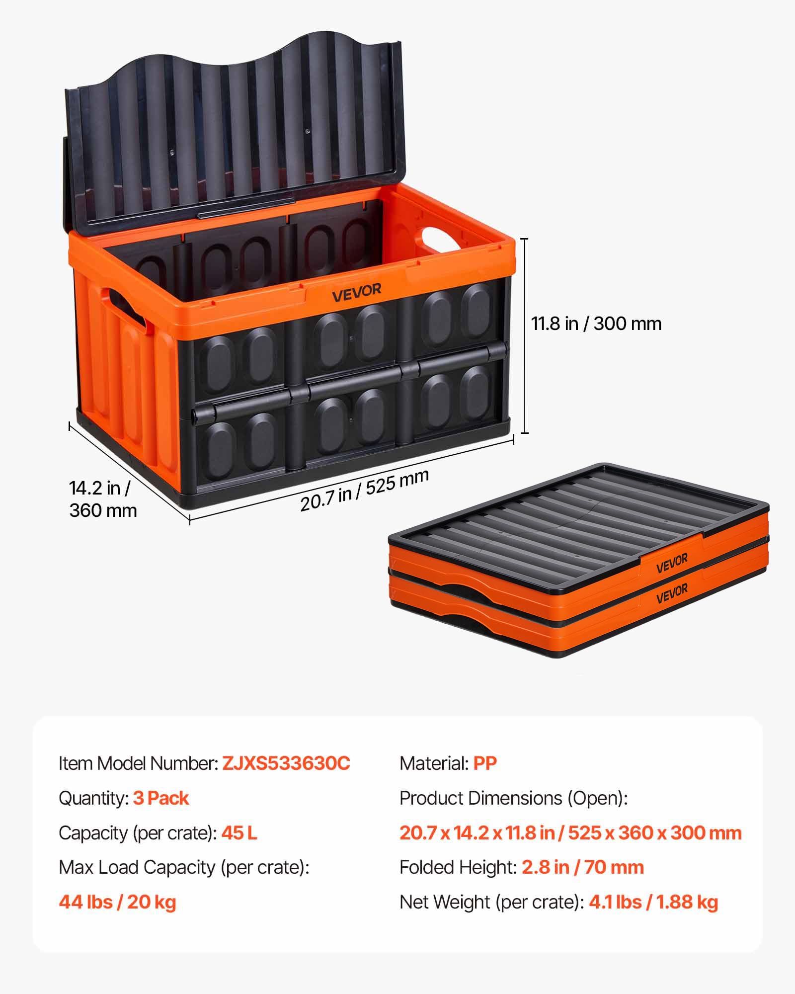 VEVOR Klappbox 45 L 3er-Pack, Faltbare Aufbewahrungsboxen aus Kunststoff, Stapelbare Klappkörbe mit Deckel, Tragkraft 20 kg pro Box, Klappkiste, Ideal für Haushaltsorganisation, Orange & Schwarz