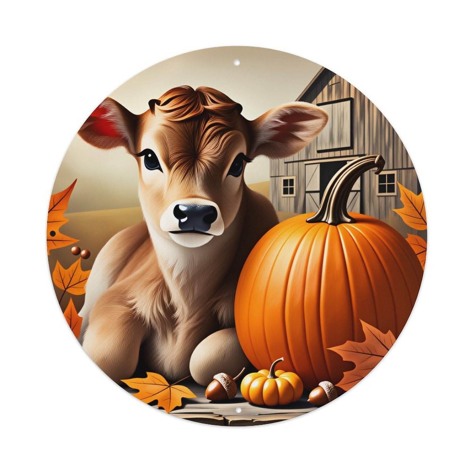 Autumn Cow Pumpkin Leaves Barn Metal Tin Sign Vintage Garden Bedroom Cafe Bar Man Cave Home Wall Decor Metal Poster 8x8 inches