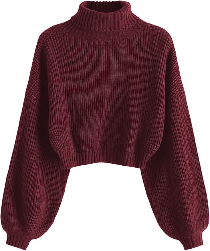 ZAFUL Women's Cropped Turtleneck Sweater Lantern Sleeve Ribbed Knit Pullover Sweater Jumper fashion product photo