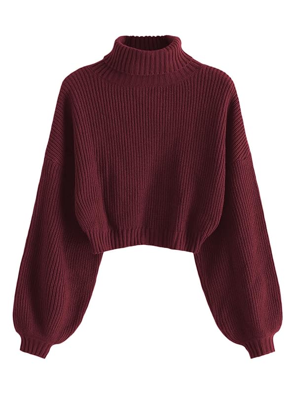ZAFUL Women's Cropped Turtleneck Sweater Lantern Sleeve Ribbed Knit Pullover Sweater Jumper (2-Wine Red, Small) by ZAFUL - Used condition - US$18.16