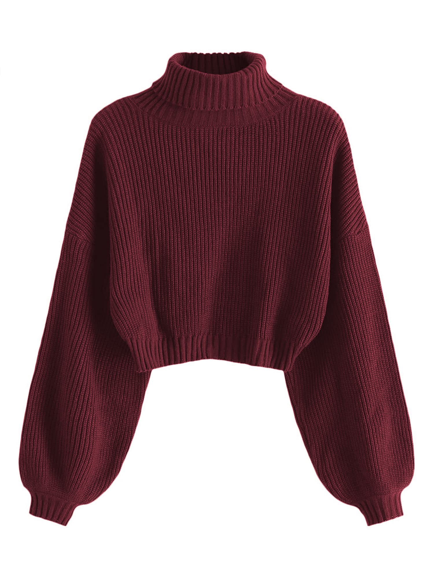 ZAFUL Women's Cropped Turtleneck Sweater Lantern Sleeve Ribbed Knit Pullover Sweater Jumper