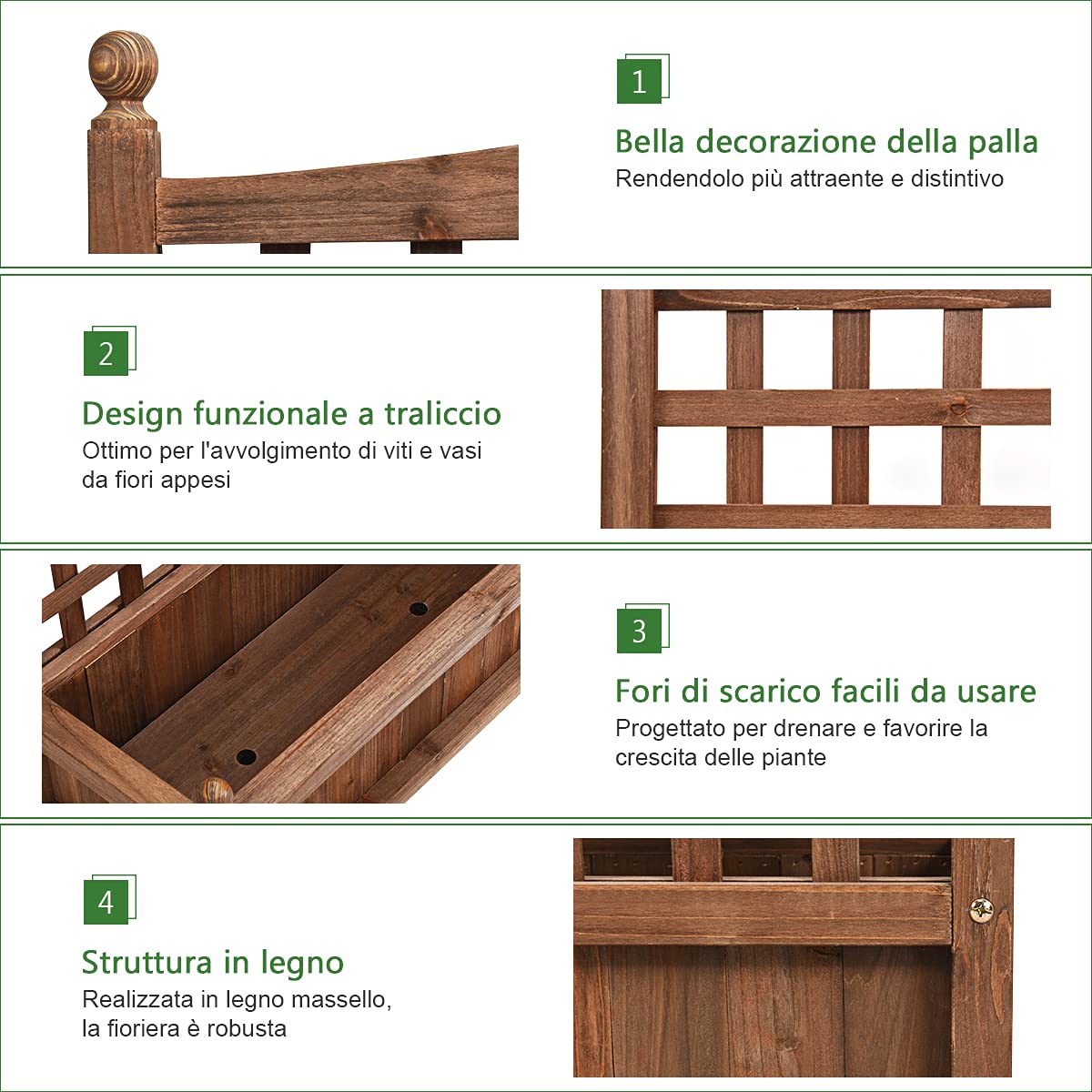 RELAX4LIFE Fioriera da Esterno in Legno, Aiuola Rettangolare con Grigliato e Drenaggio, Porta Piante di Fiori e Rampicanti per Giardino/Balcone/Cortile (Modello 1)