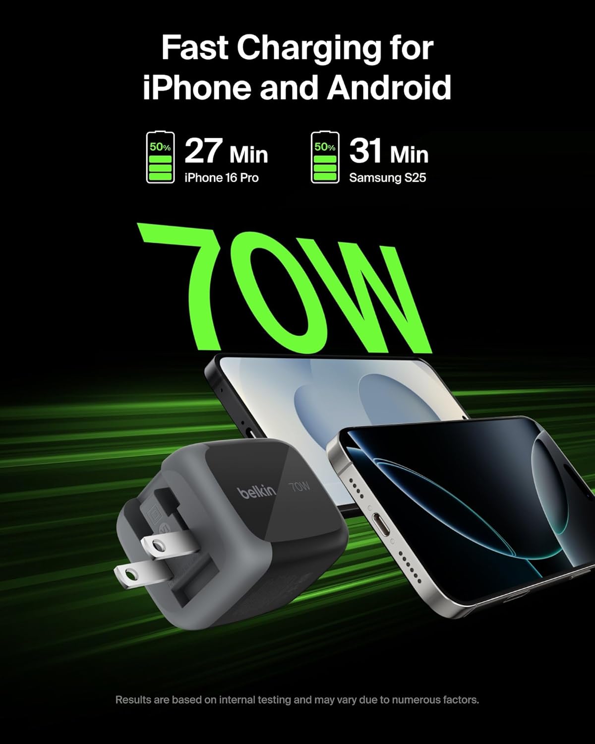 Belkin 3-Port USB C Charger Block 70W, Multi-Port GaN Wall Charger w/ 2X USB C Ports & 1x USB A Port, Fast Charging for MacBook, iPhone 17, iPad Pro, Samsung Galaxy S25, Google Pixel 10, & More