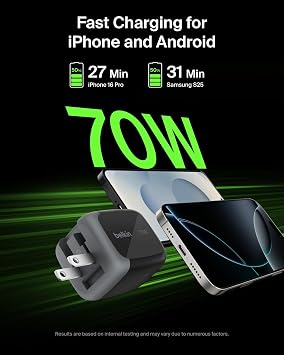 Belkin 70W 3-Port GaN USB C Charger Block, Fast Charging