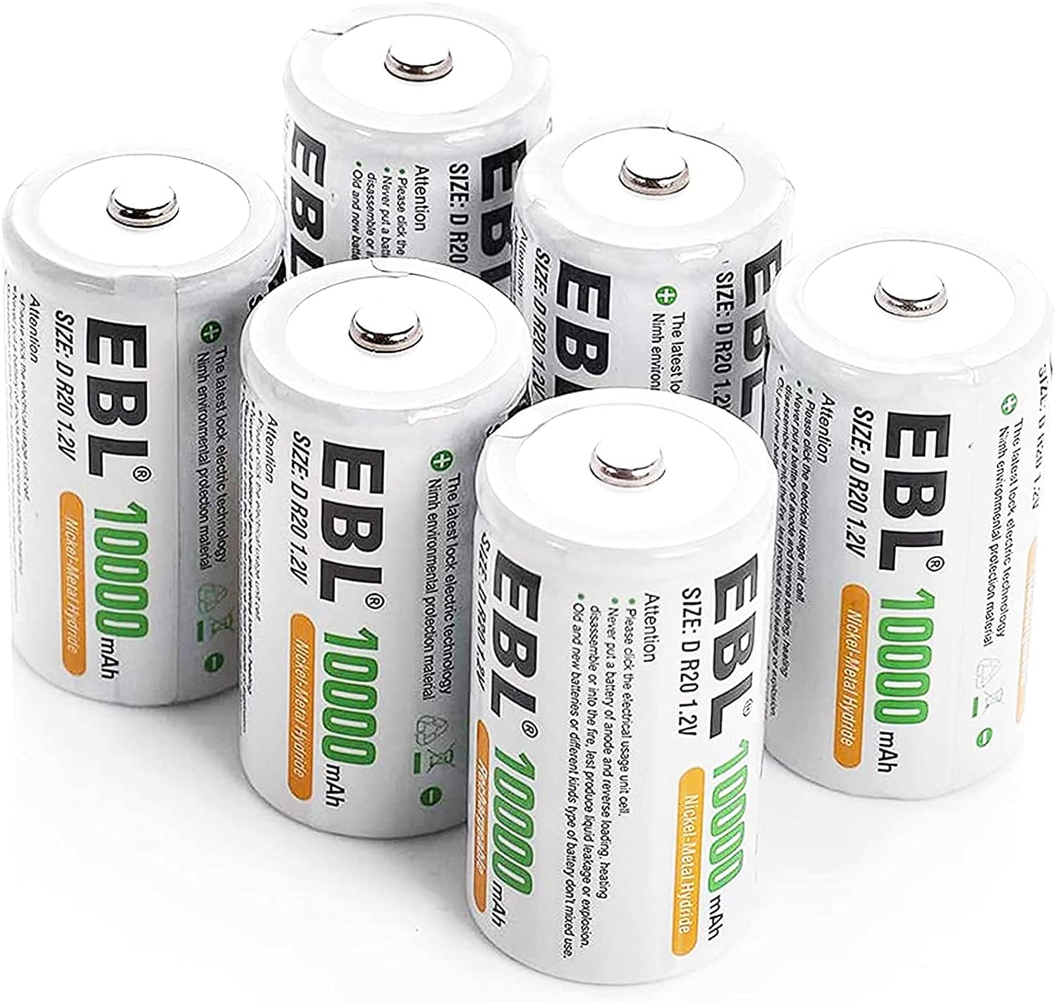 EBL 6 Pack D Cell Rechargeable Batteries 10000mAh 1.2V NiMh D Size