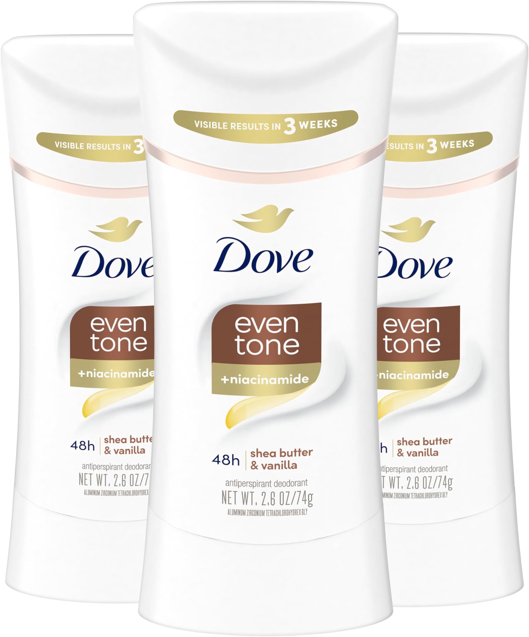 Antiperspirant Deodorant Stick Even Tone Shea Butter & Vanilla Pack of 3 for 48h Odor and Sweat Protection & Skin Restoration, with Niacinamide & Visible Results in 3 Weeks, 2.6 oz
