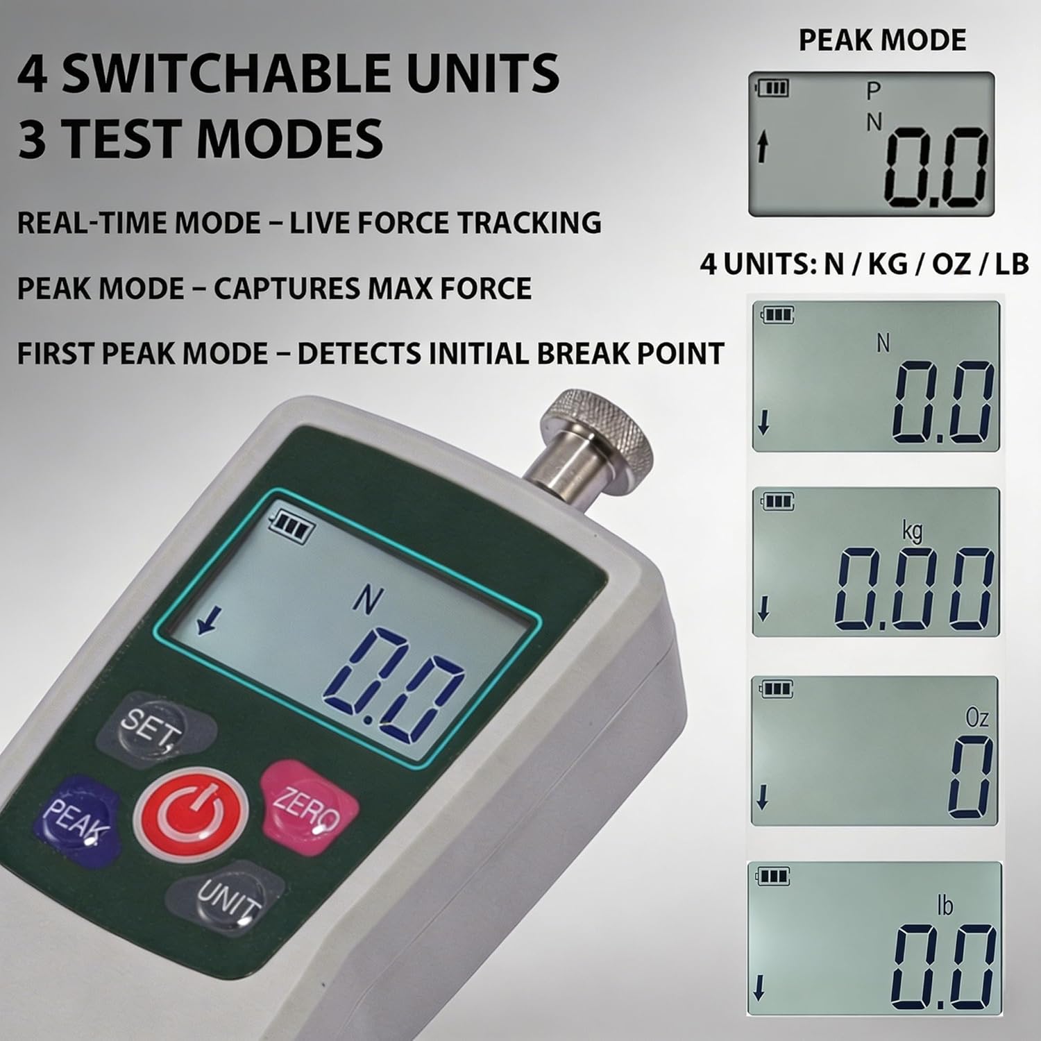 500N Digital Force Gauge & Manual Test Stand Kit, Push Pull Gauge with N/Lb/Kg/Oz Units, 250mm/9.8 inches Stroke Test Stand with 2 Pcs Test Clamp for Tension/Compression in Lab, School, Industry