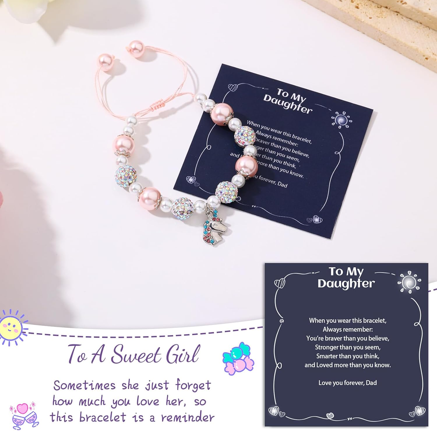 Unicorn Charm Bracelet for Girls - Adjustable Pink Pearl Kids Bracelet for Toddler Girls 4-12 Year Old- Daughter Granddaughter Child's Jewelry Gift for Birthday Christmas gifts - Image 3