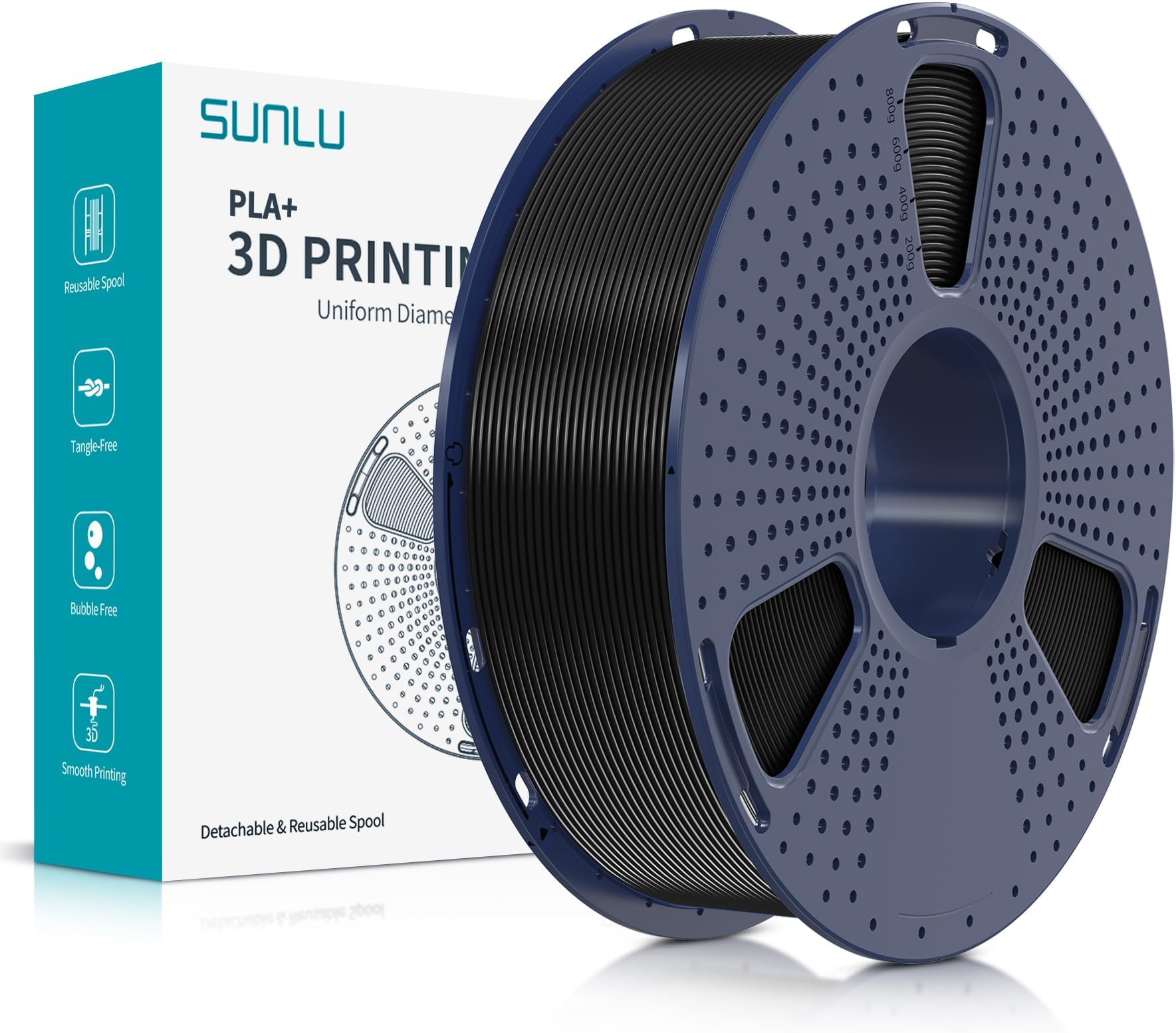 SUNLU PLA+ 3D Printer Filament, PLA Plus Filament 1.75mm, Toughness Enhanced 3D Filament Compatible with 3D FDM Printers, Dimensional Accuracy +/- 0.02 mm, 1 kg Spool(2.2 LBS), PLA+ Black