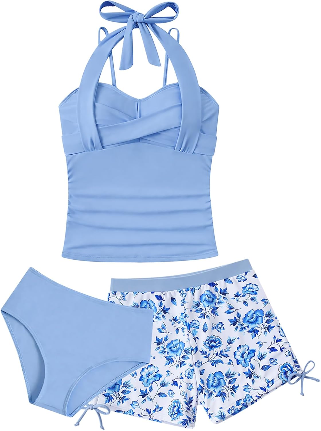 Girls Tankini Swimsuit with Short 3 Piece Halter Adjustable Bathing Suits for Girls Size 9-16