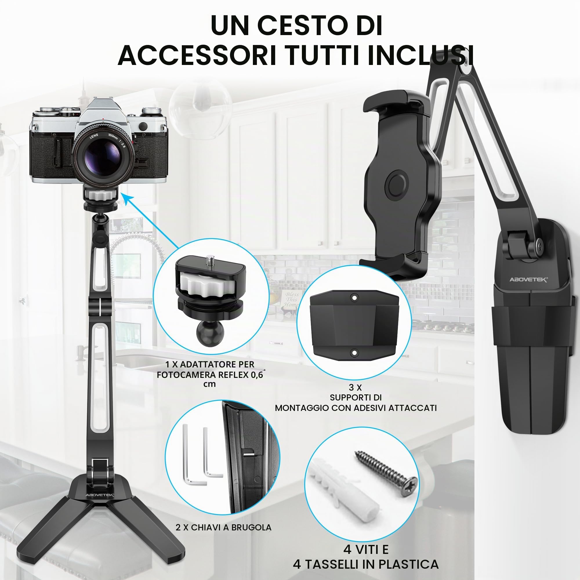 AboveTEK 2-in-1 Supporto per Tablet da Cucina o Parete - Supporto per Tablet Universale Portatile da 4,7 a 13,5 Pollici, Porta per Cellulare, 4 PT Wobble Free Mount