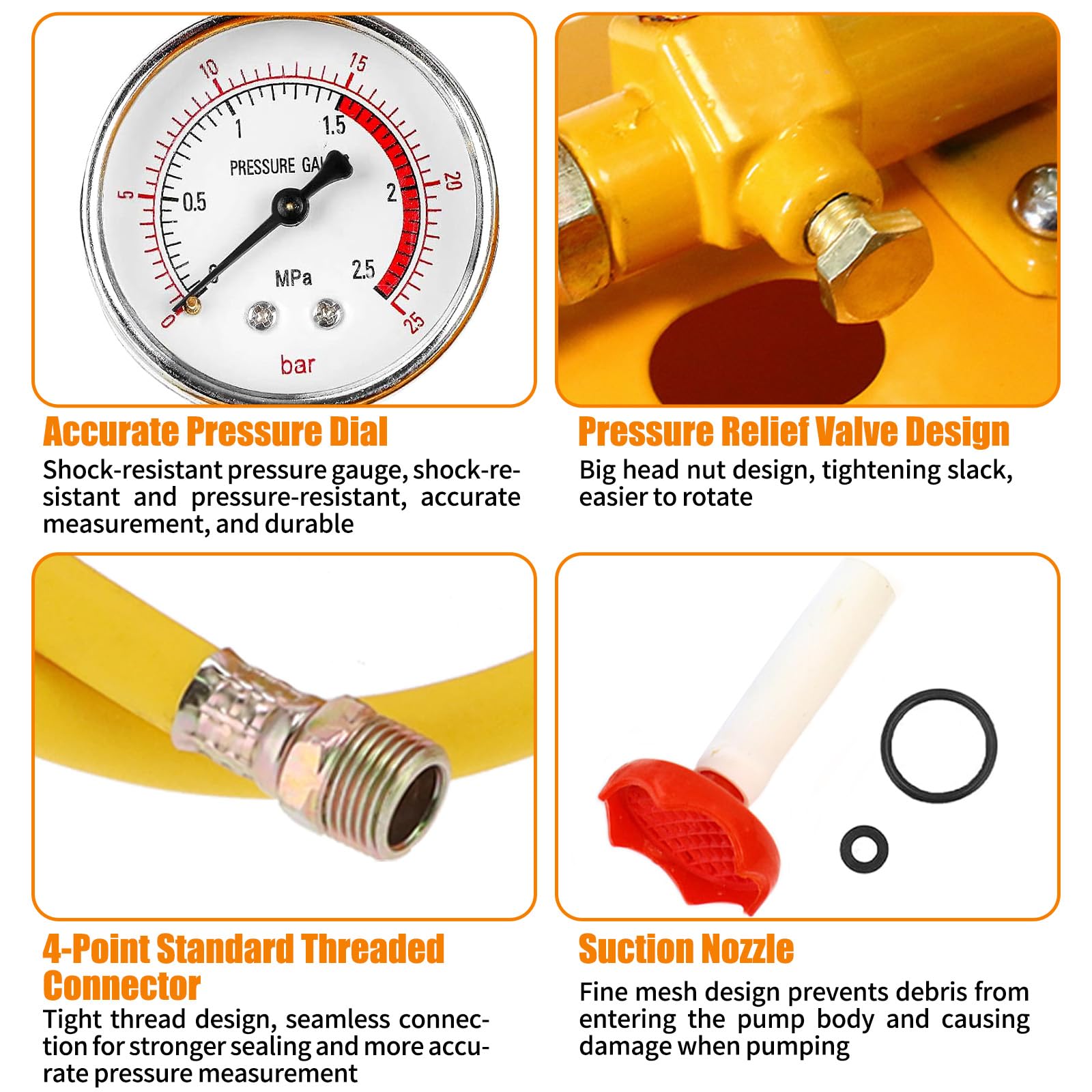 5 Liters 0-25 Bar Manual Test Pump with 1m Hose, 25KG Filling Pump Set including Single Valve and Pressure Gauge - Image 3