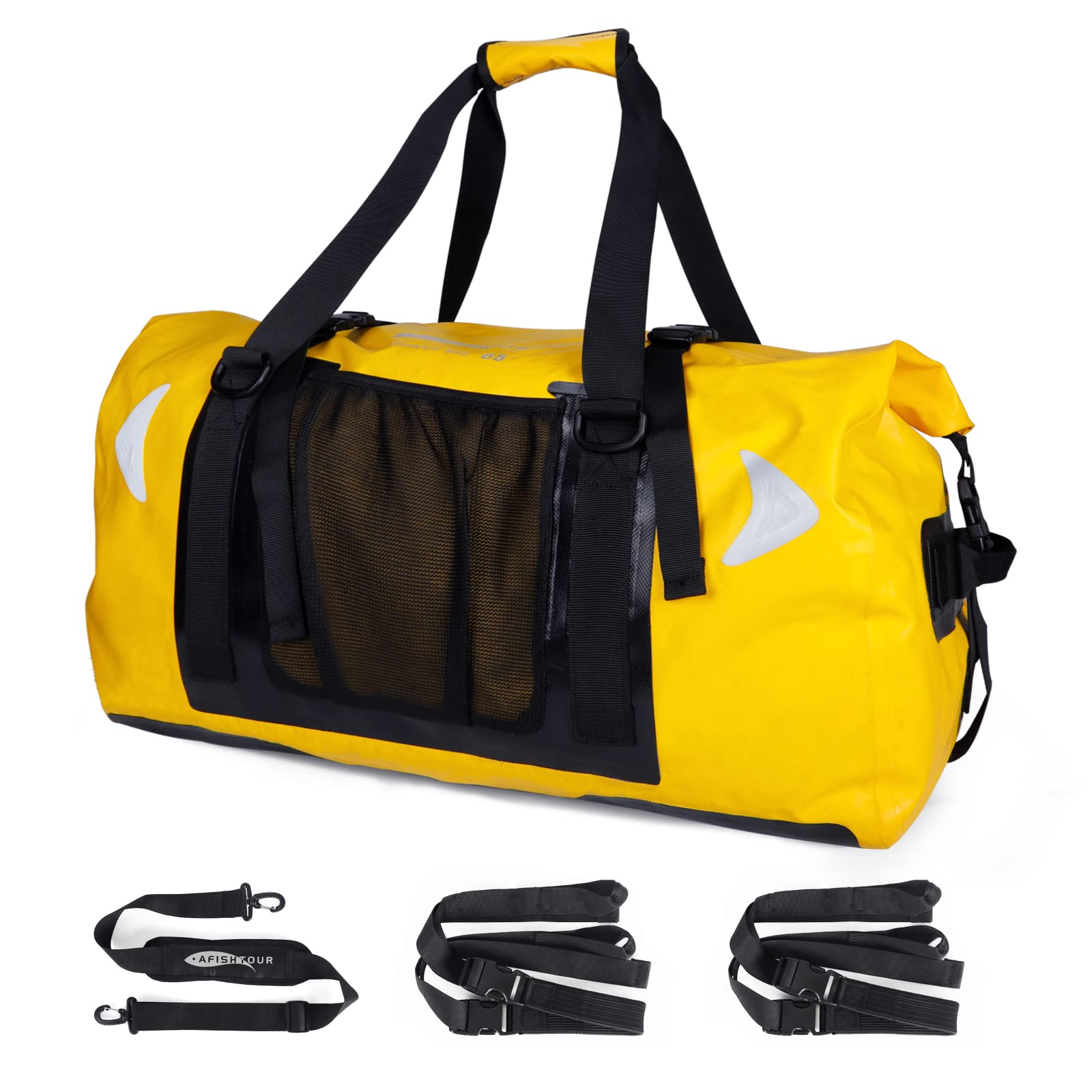 65L wasserdichte Duffelbag für Damen und Herren – Große Motorrad-Reisetasche mit Gurten für den Rücksitz – Rollverschluss-Drybag für Kajak, Rafting, Bootfahren, Schwimmen, Strand (Gelb)