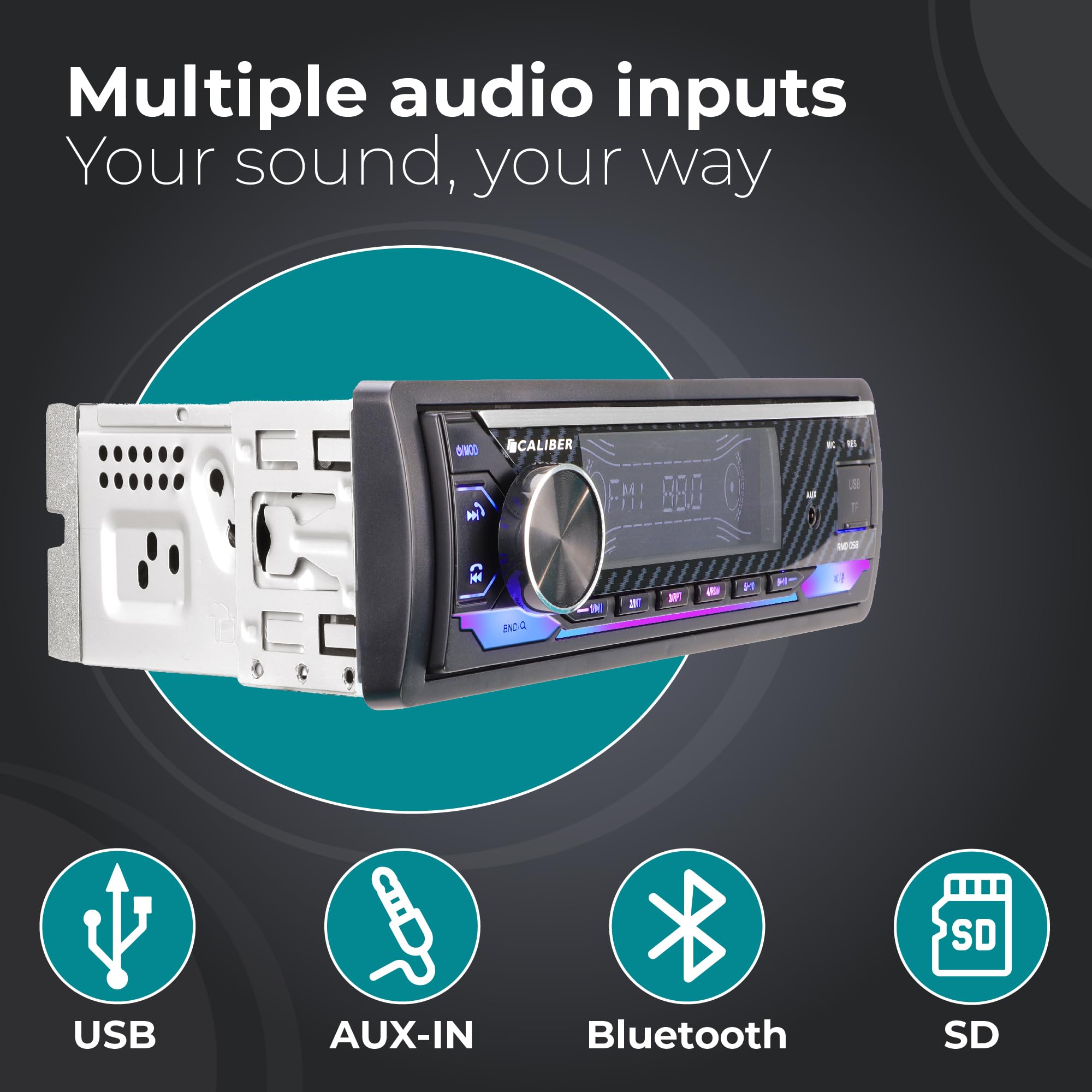 Caliber Autoradio Bluetooth 1DIN, Tuner FM, 4x100W, USB/Micro SD, Charge 2.1A, Aux-in, Mains Libres, Micro Externe, Sortie RCA, Profondeur 110mm, MP3/WMA/APE/FLAC