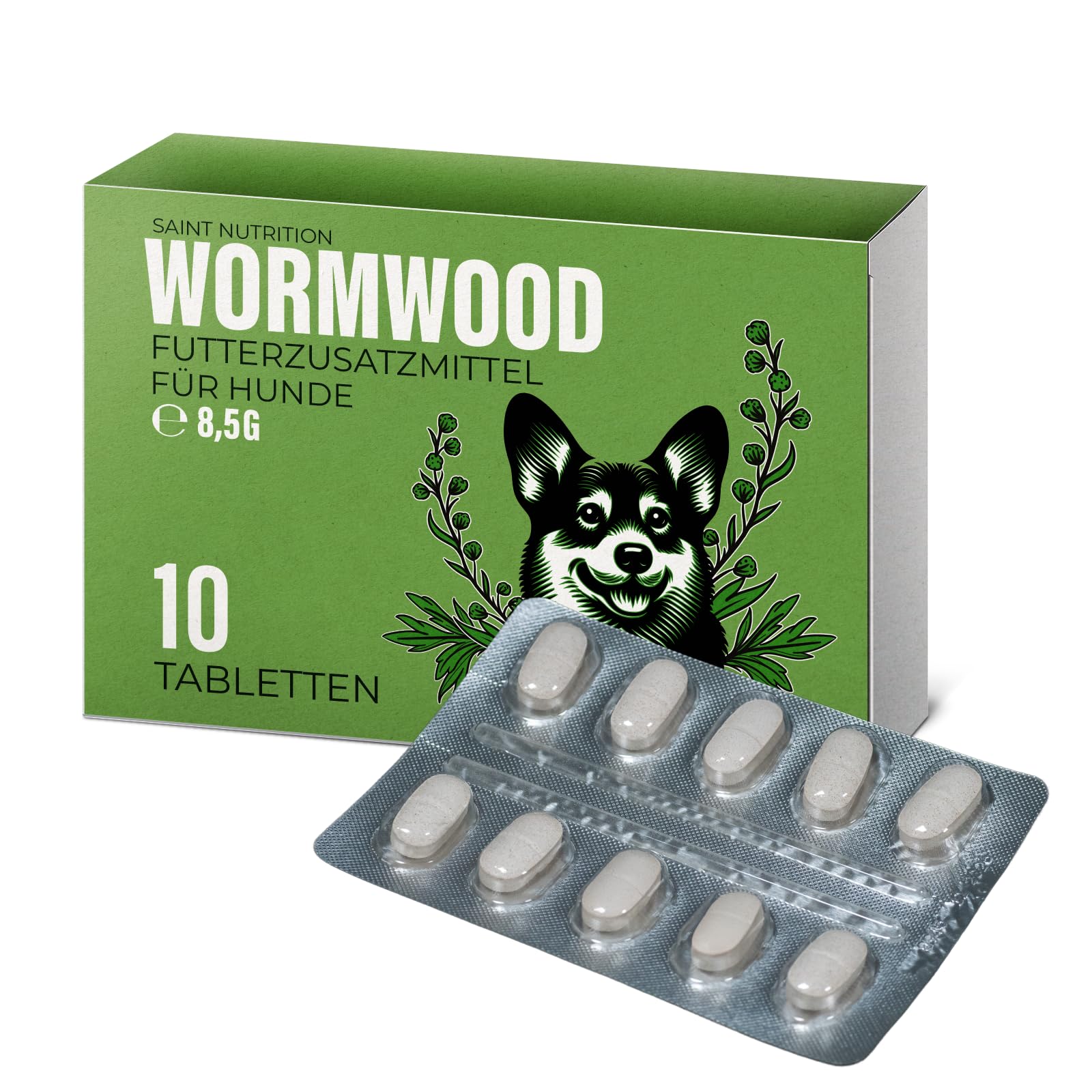 Saint Nutrition® Wormwood - Tratamiento de gusano secundario para perros - Extracto de hierba de ajenjo para perros - Fórmula herbal natural - Complemento alimenticio para un apoyo óptimo - sin
