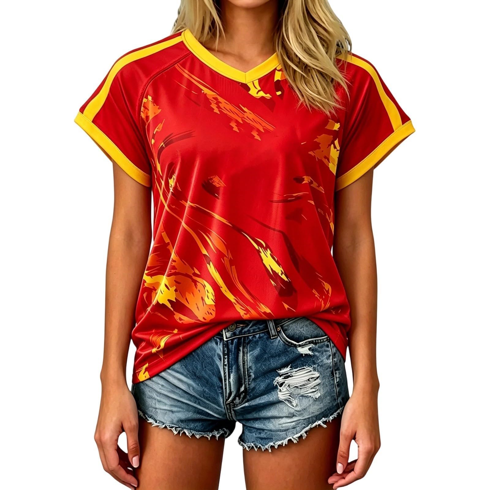 Spain Football T-Shirt for Women Short Sleeve V-Neck Shirts Spain Flag Comfortable Casual Tee Retro Soccer Jersey Adult and Kids Summer Tops (2-Watermelon Red, L)