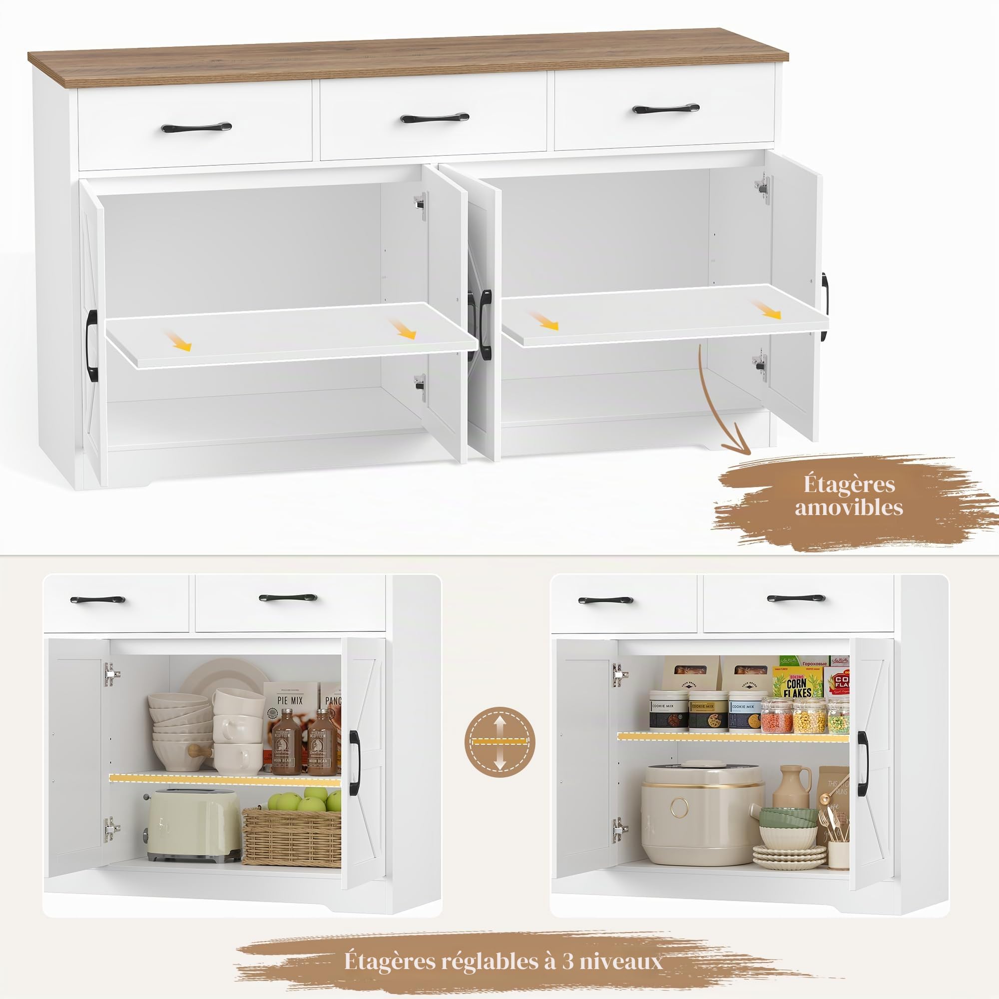HOCSOK Buffet Cuisine, 150 cm Buffet Salle a Manger avec 3 Tiroirs 4 Portes, Meuble Cuisine Rangement avec Étagère Réglables, Meuble de pour Salon, Cuisine, Couloir, Blanc