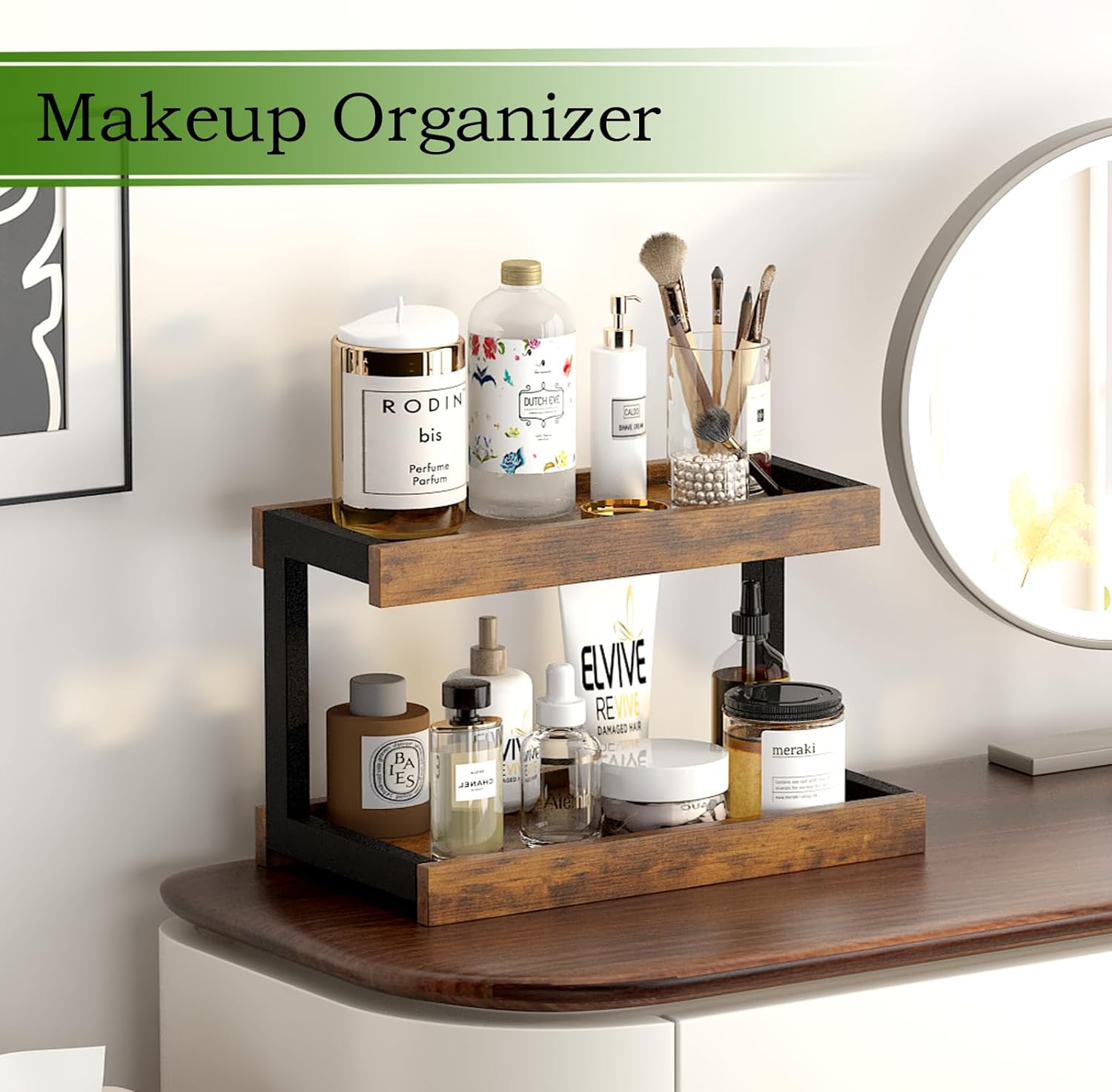 MARTY 2 Tier Spice Rack Organizer for Countertop, 15.8''L Coffee Station/Bathroom Organizer Countertop, Counter Shelf Desktop Storage Organizer for Kitchen, Bedroom, Office (Rustic Brown)