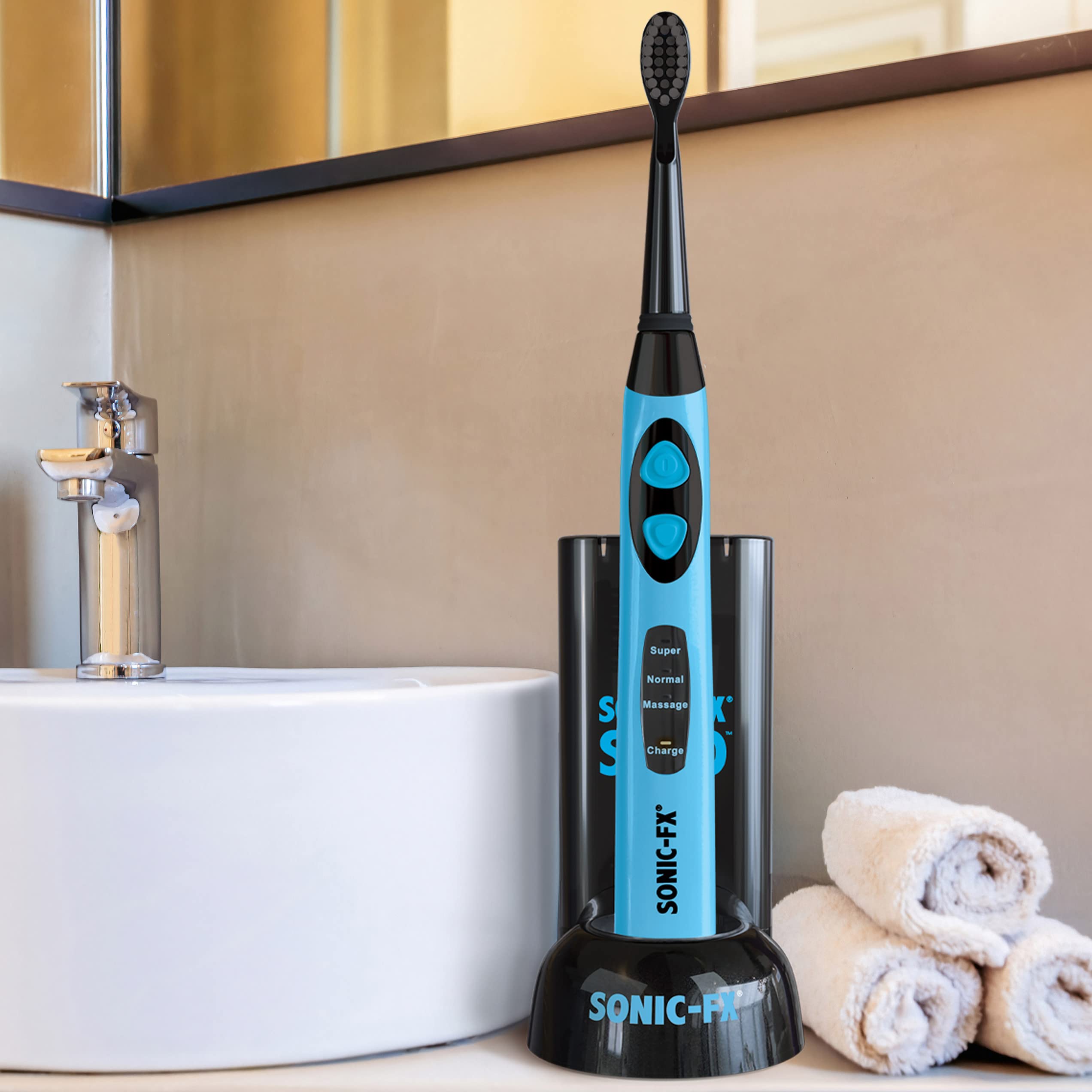 Sonic-FX Solo Cepillo de dientes eléctrico con 10 cabezales de cepillo + 1 interdental, cerdas de carbón, recargable, base de carga/almacenamiento, 3 modos de cepillo, temporizador inteligente, 2