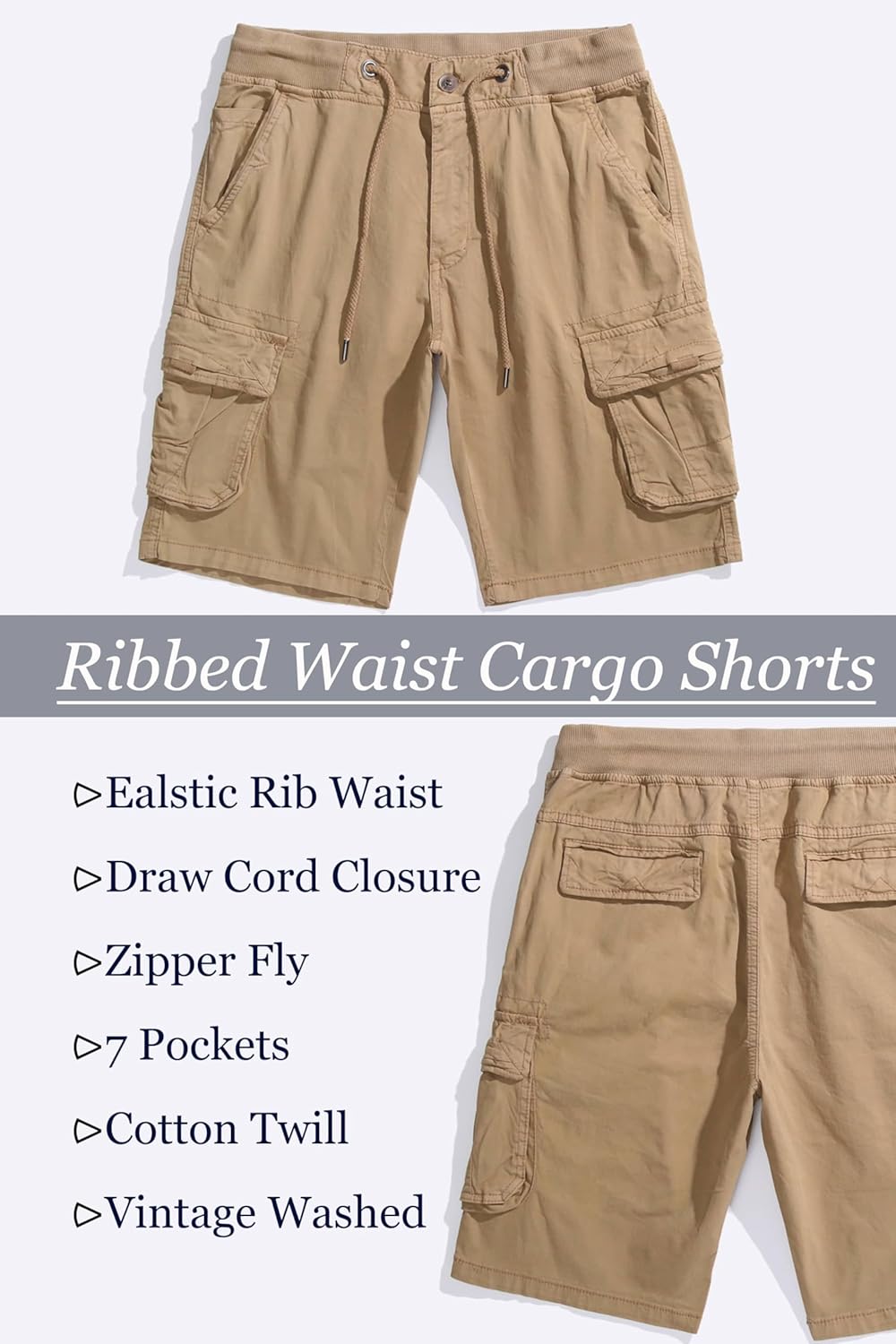 Men's Cargo Shorts 7 Pockets Vintage Washed Cotton Stretch Short Pants Elastic Rib Waist Drawstring Closure
