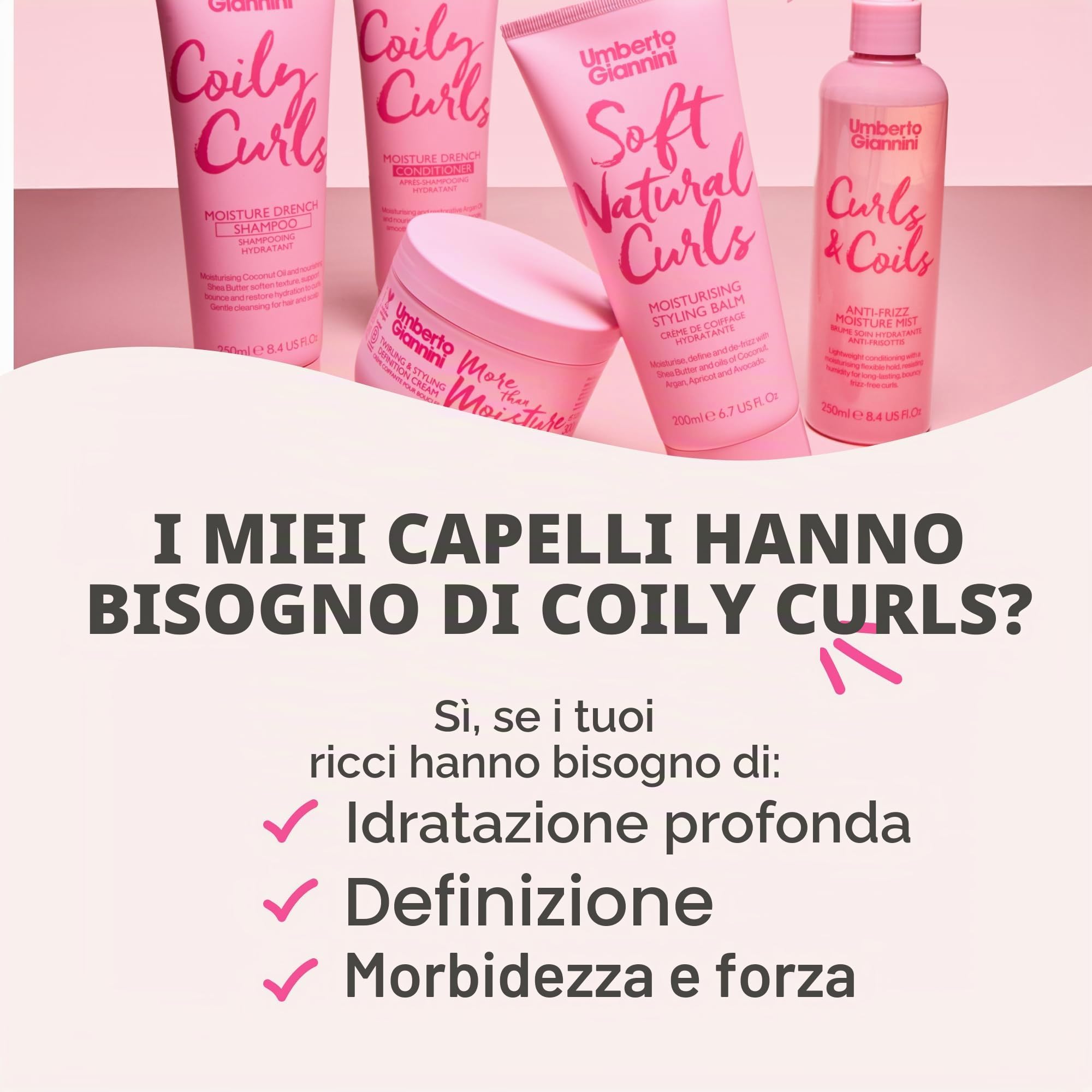 Umberto Giannini Coily Curls - Set shampoo e balsamo idratante vegano e cruelty free, duo per capelli ricci