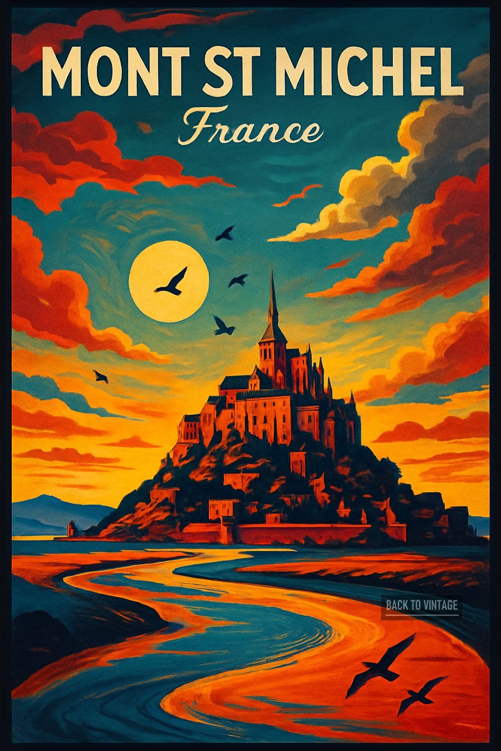 Vintage Travel Poster Depicting Mont St Michel At Sunset_result - A4 Travel City Poster Wall Art Home Decor Art Print Featuring Urban Landmarks and Global Views for Stylish Interior Display