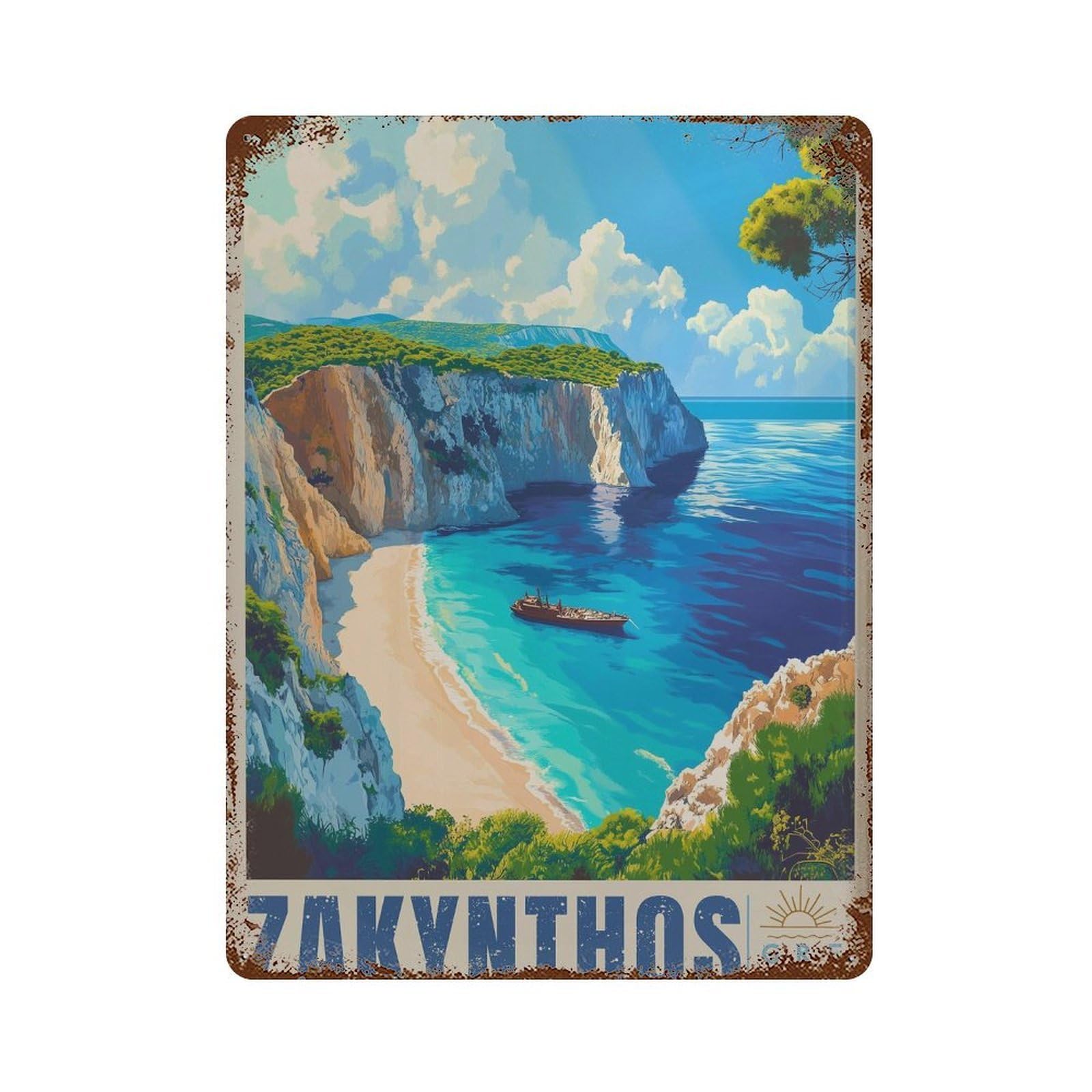xiaoxiaoshen Zakynthos Greece Travel Mediterranean Sea Wall Decor Art Metal Tin Poster Modern Home Decor Art Home Bar Shop Decorations Vintage Sign 40x30cm
