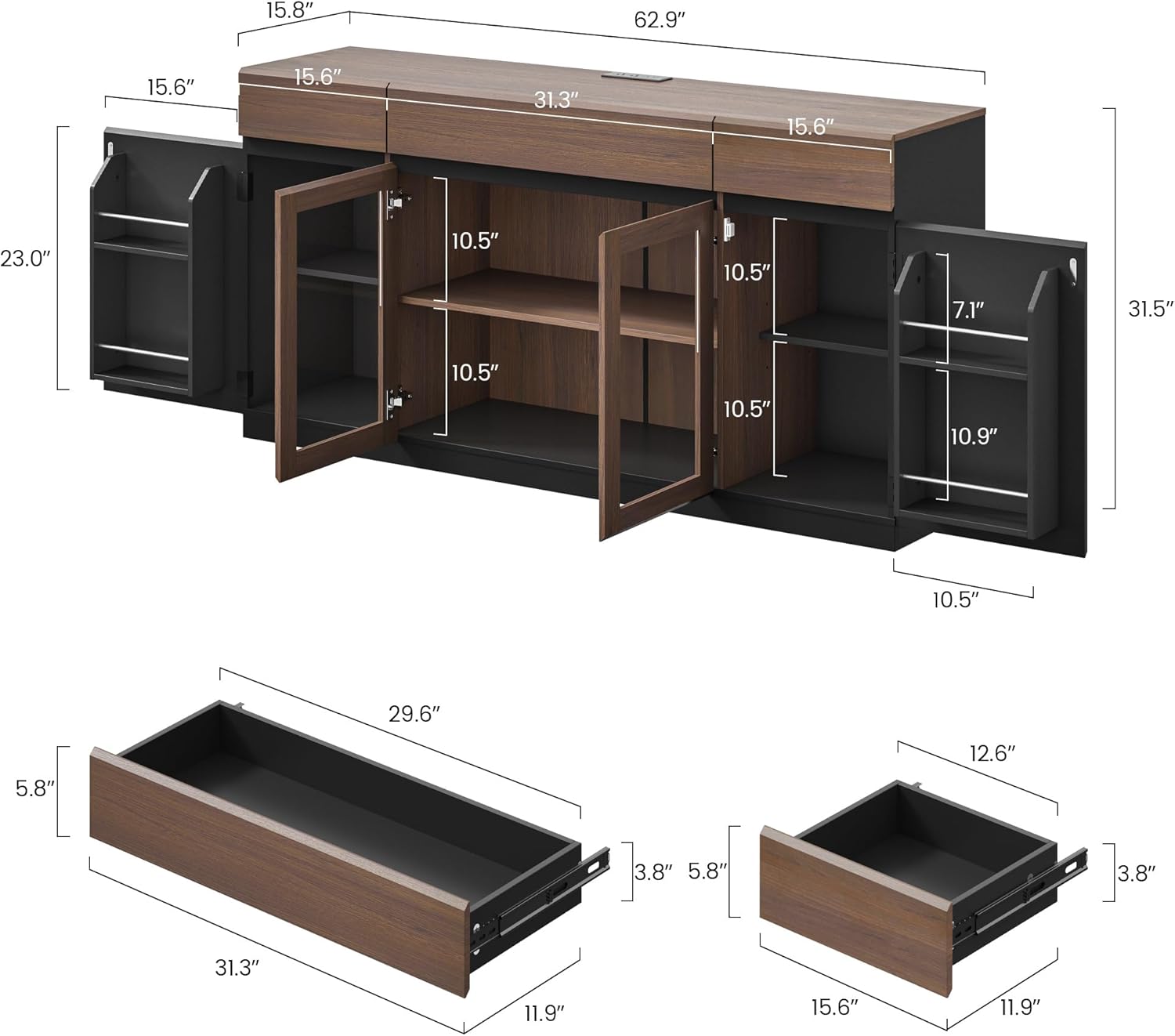 ModernMate 63" Sideboard Buffet Cabinet with Drawers, Large Credenza Storage Cabinet with Adjustable Shelves, Glass Doors & LED Lights, Black & Dark Walnut