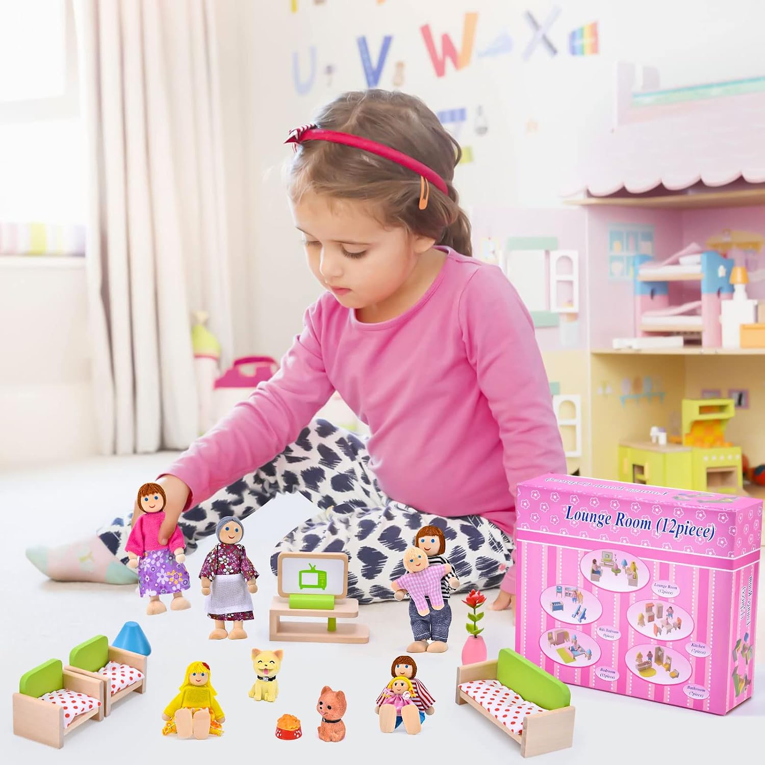 Tacobear Wooden Doll House Furniture Family Dolls Figures Playset Dollhouse Living Room Accessories, Set of 8 People and 2 Pets Pretend Play Toy Gifts for Kids 3+ Years Old - Image 6