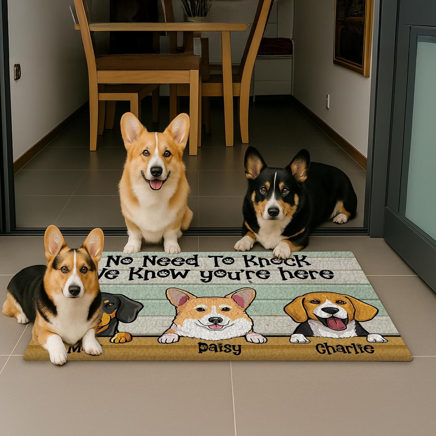Personalized Welcome Doormat with Custom Dog Names – Cartoon Breed Illustrations – Durable Non-Slip Polyester Outdoor Rug Vibrant Fade-Resistant Colors – Ideal Housewarming Gift Indoor Sheltered Use