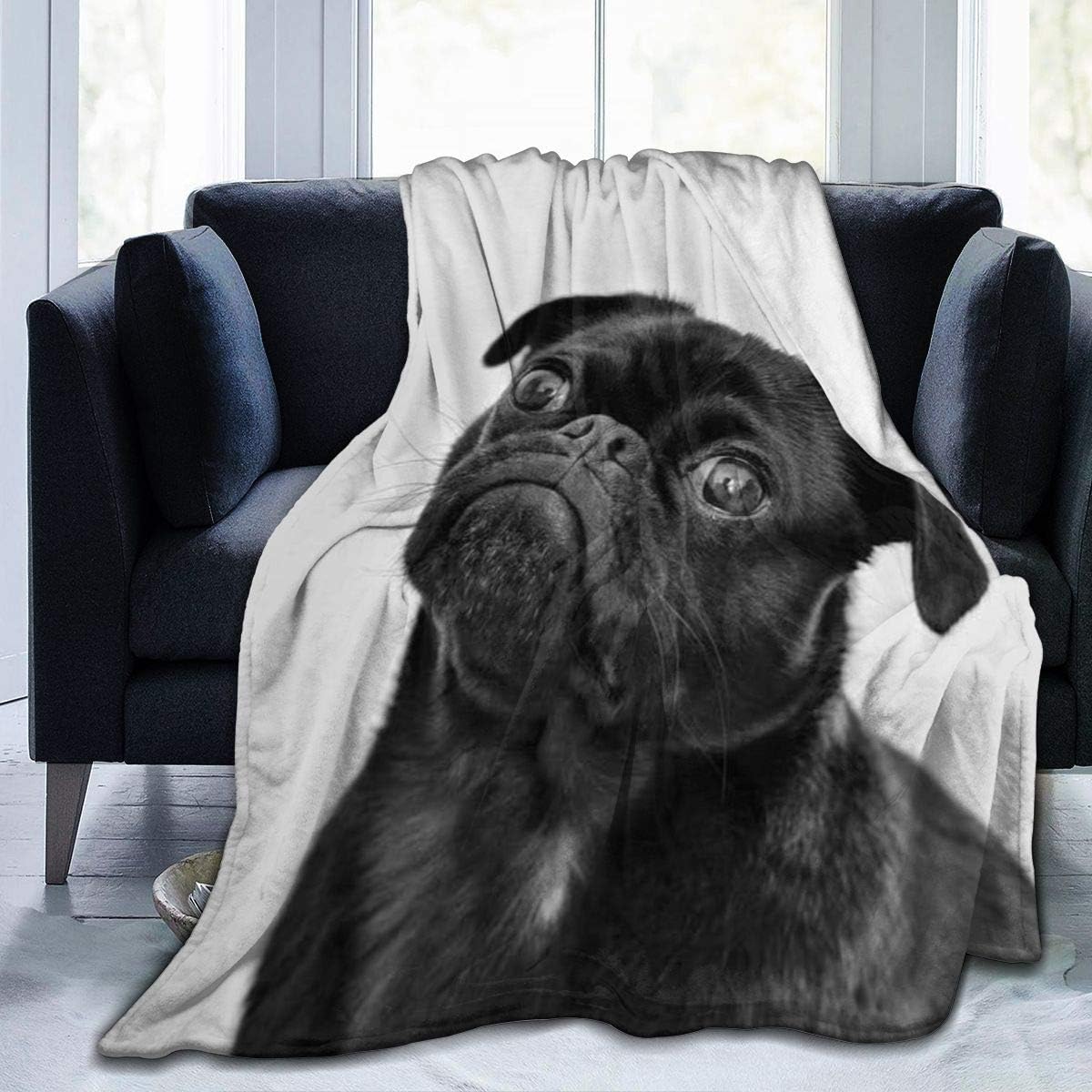 Cute Black Pug Dog Printed Blanket Throw Lightweight Soft Micro Fleece Throw Blankets Fit Couch Bed Living Room Sofa Chair 50"X40"