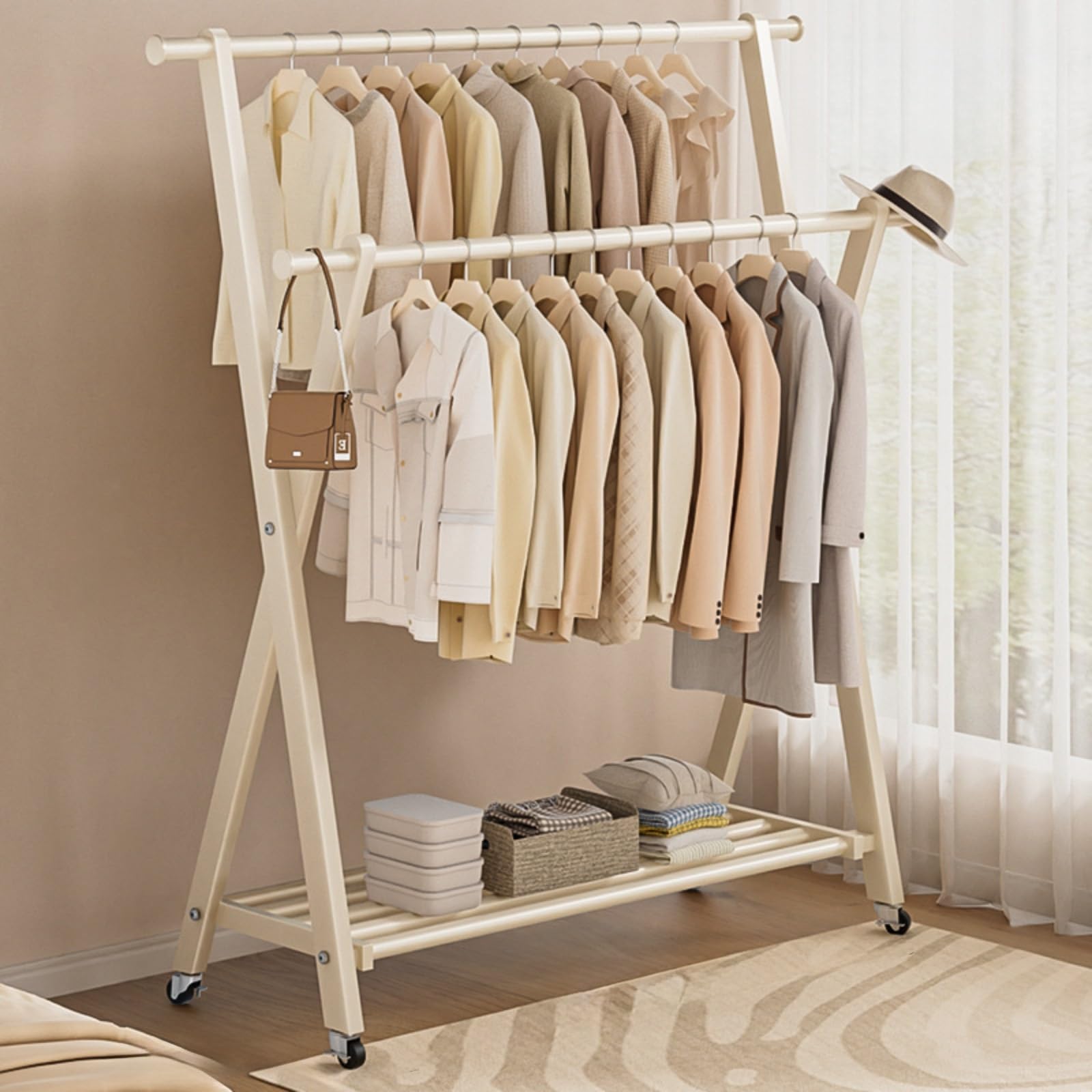 Foing - Appendiabiti con ruote, capacità di carico 50 kg, facile da spostare, autoportante, per soggiorno e camera da letto, elegante, bianco, 80 pezzi