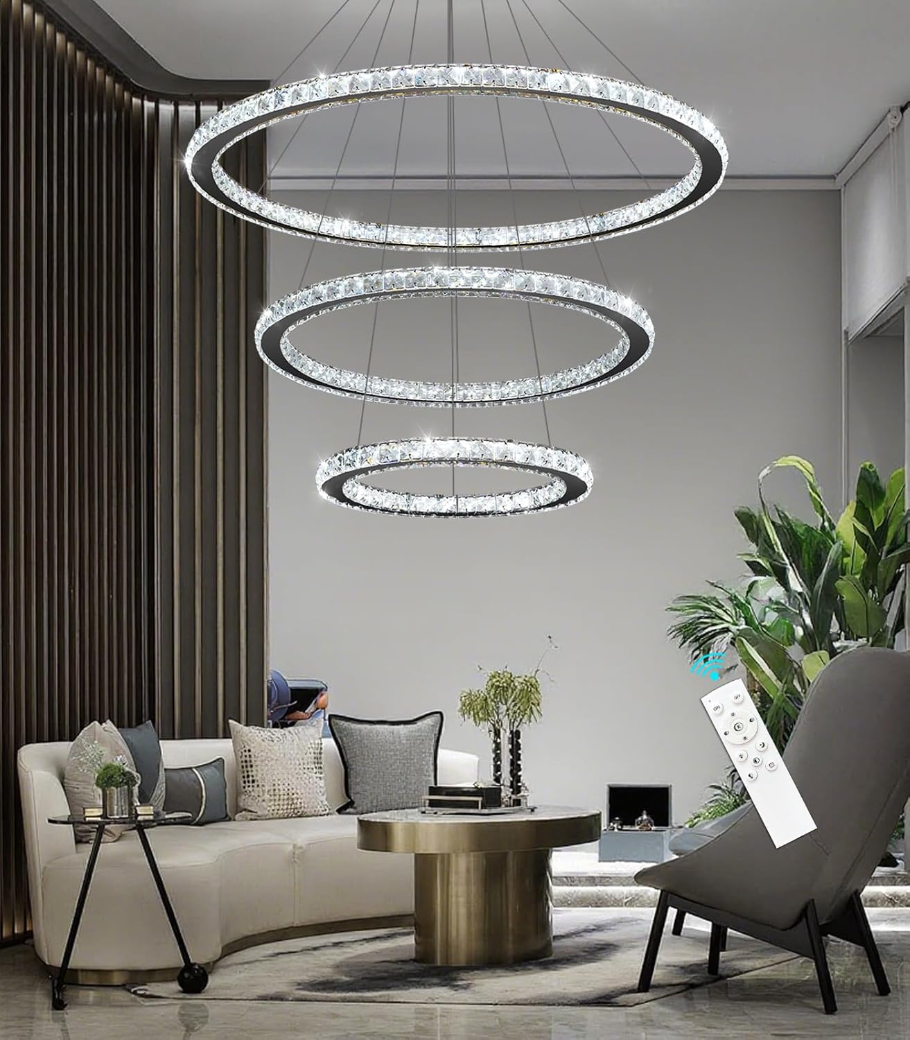 Crystal Chandelier Modern Dimmable LED Ceiling Light Fixture with Remote 3 Rings Stainless Steel Pendant Lighting for Living Room Dining Room Foyer Black