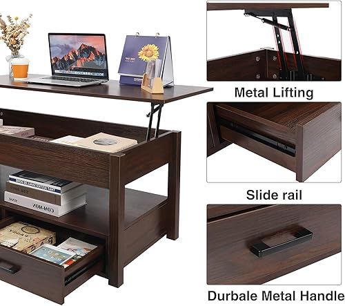 Miniatura 7 de ALAPUR Mesa de centro elevadora con almacenamiento, mesa elevadora con cajones y compartimento oculto, mesa de comedor elevada para sala de estar,