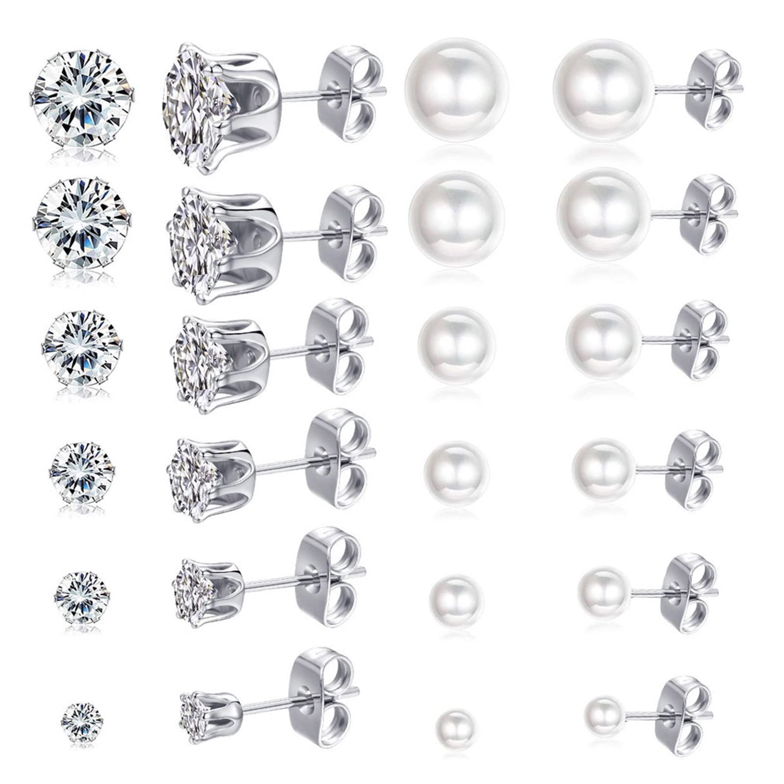 Cubic Zirconia Pearl Ball Stud Earrings Set 3-8mm Assorted CZ Stud Earrings for Women